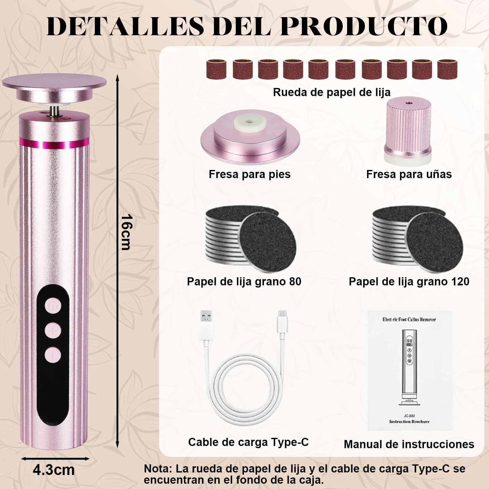 Quita Callos Eléctrico 2 en 1, 9 Velocidades, Recargable Tipo C, 30 Hojas de Lija, para Pies, Talones Agrietados, Piel Dura (Rosa)