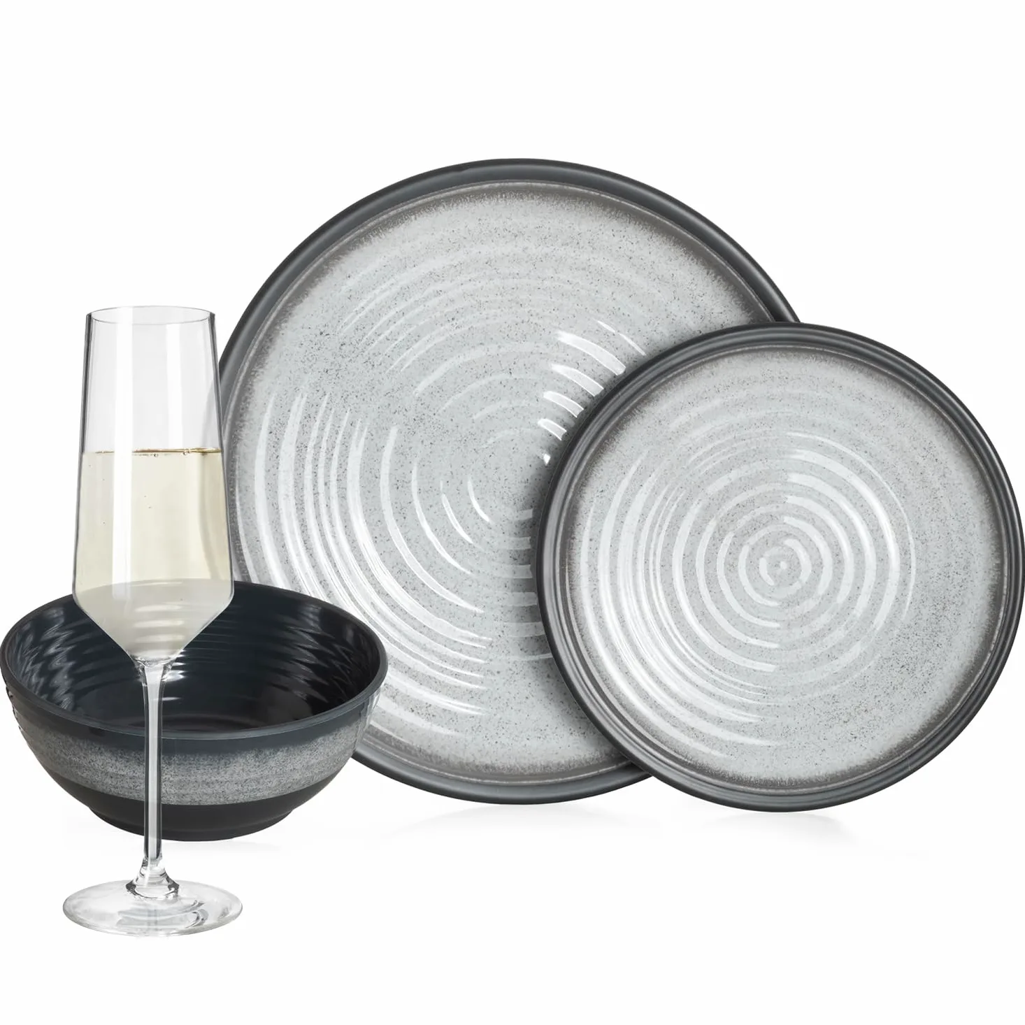 Vajilla de melamina para camping, 4 personas, color gris piedra + 4 vasos de champán Milano