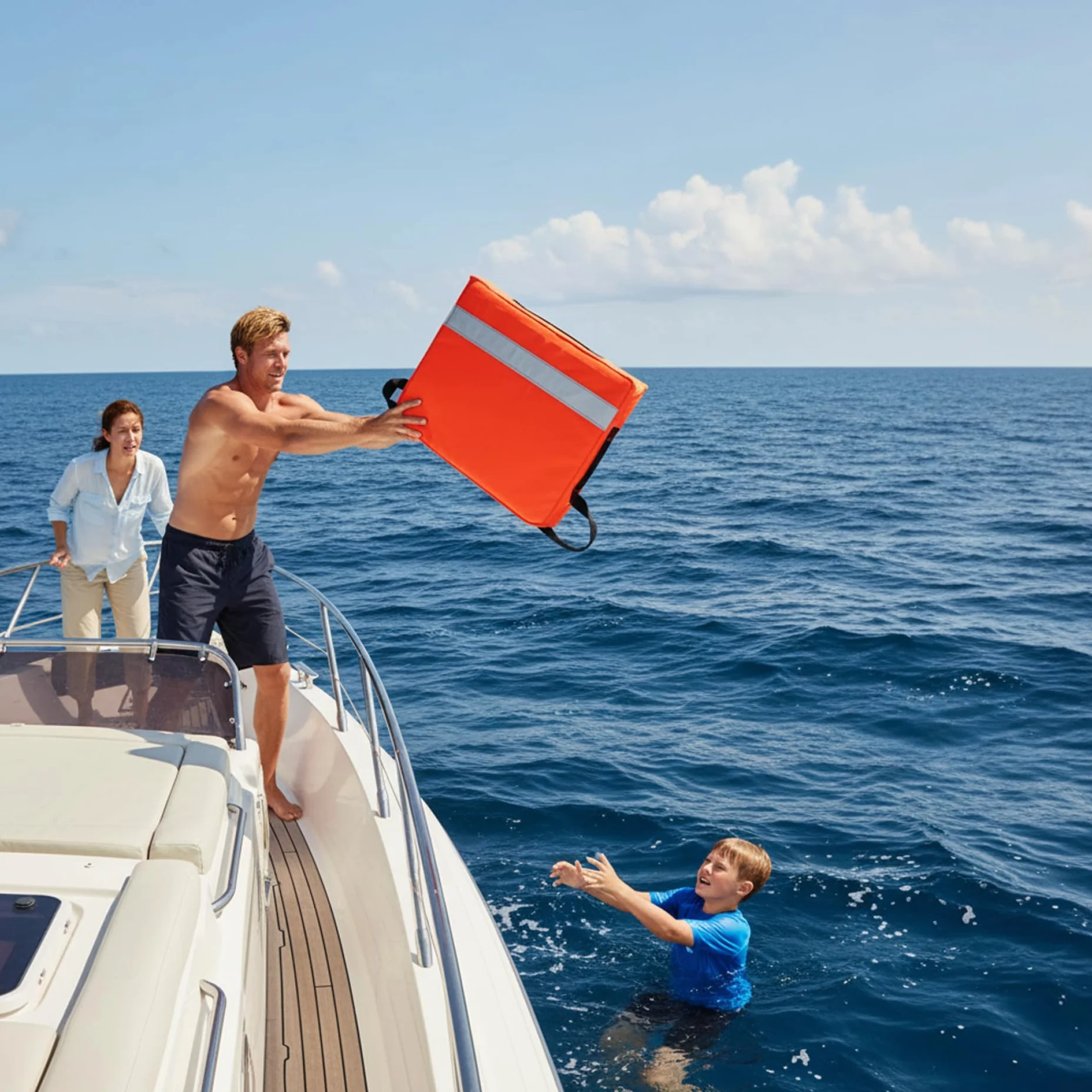 Cojín flotante para embarcaciones dispositivo de flotación arrojadizo cojín naranja de alta visibilidad para embarcaciones con tiras reflectantes y correa de transporte para emergencias piscina 35x45x