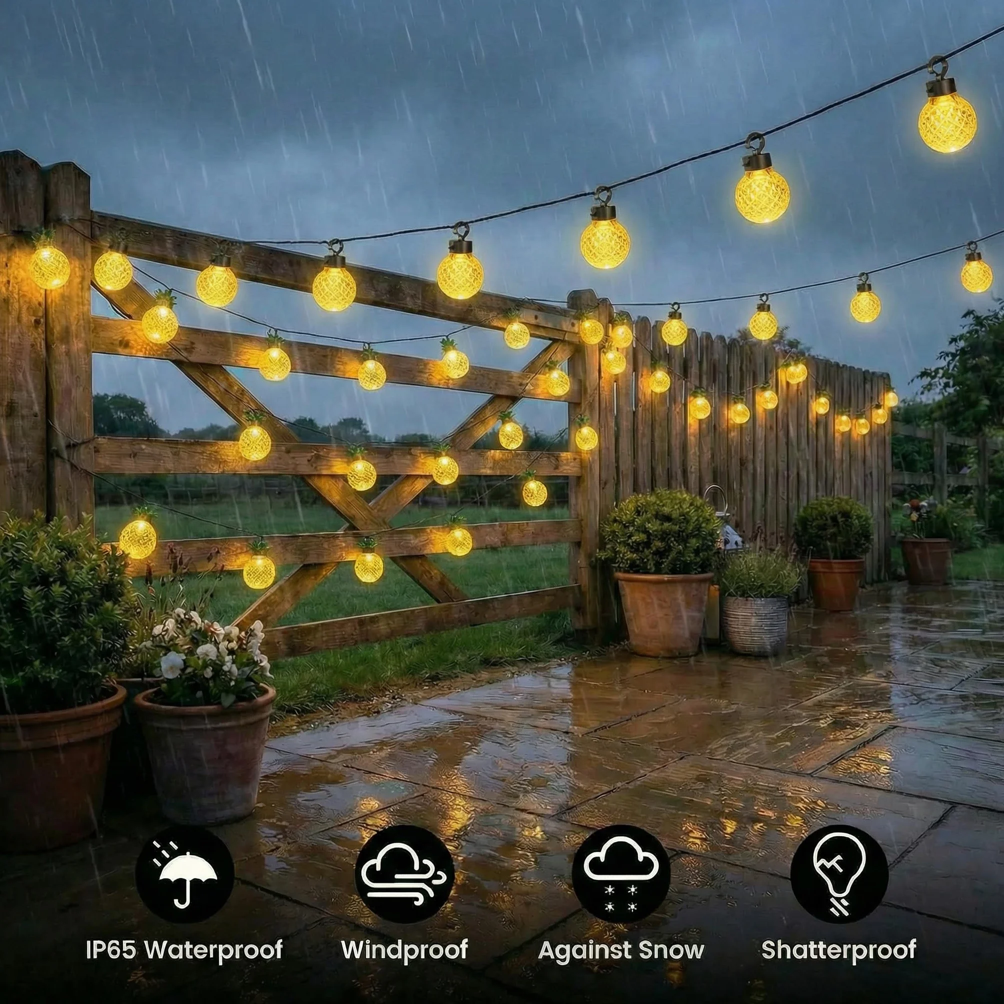 Guirnaldas Luces Exterior Solar 17M 100 LED 25 Bolas de Piña 8 Modos Mando Distancia IP67 Luz Blanca Cálida