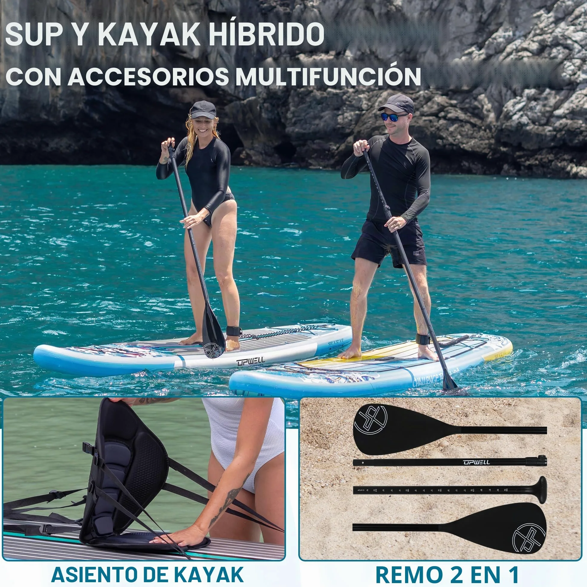 UPWELL 320 cm/335 cm Stand Up Paddle Board Sup inflable con sup Accesorios incluidos asiento para kayak, mochila, remo 2 en 1, correa, bomba de mano, aletas