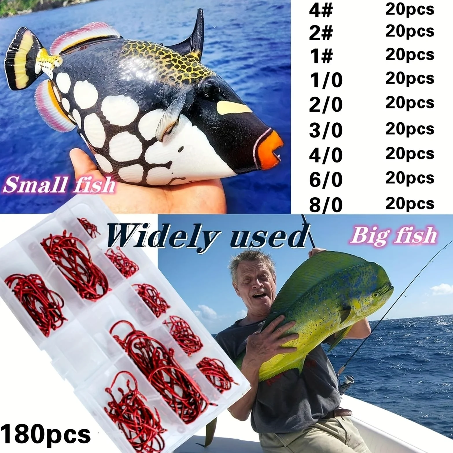 Anzuelos de Pesca 180 Juegos de Cajas anzuelos Pesca Pulpo Rojo, con 9 Modelos Diferentes, Cada Modelo Contiene 20