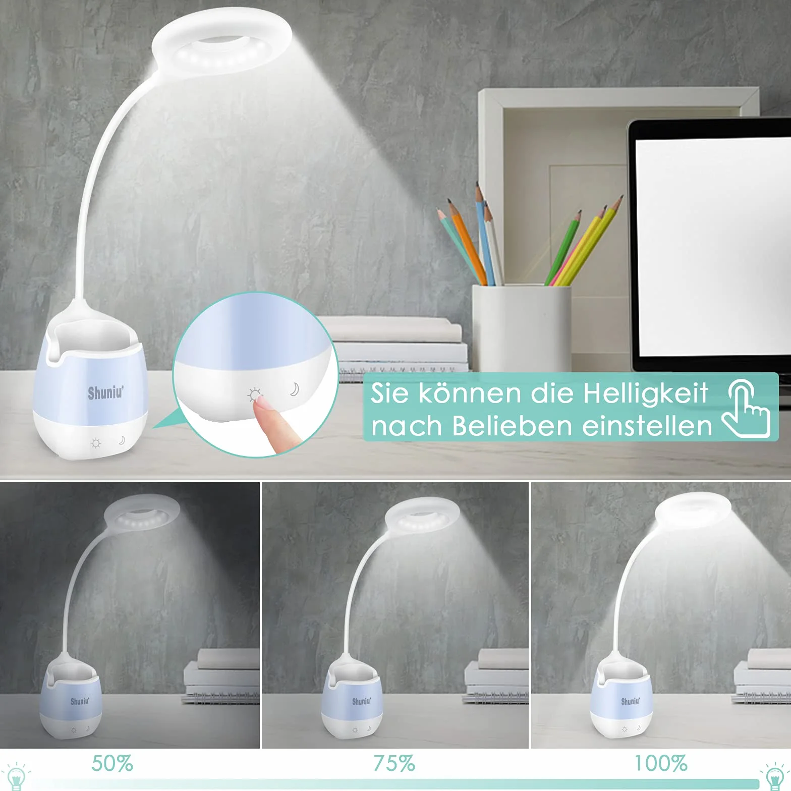 Lámpara de escritorio LED Shuniu 360° flexible 20 LED 3 niveles de brillo luz nocturna RGB con soporte para teléfono móvil