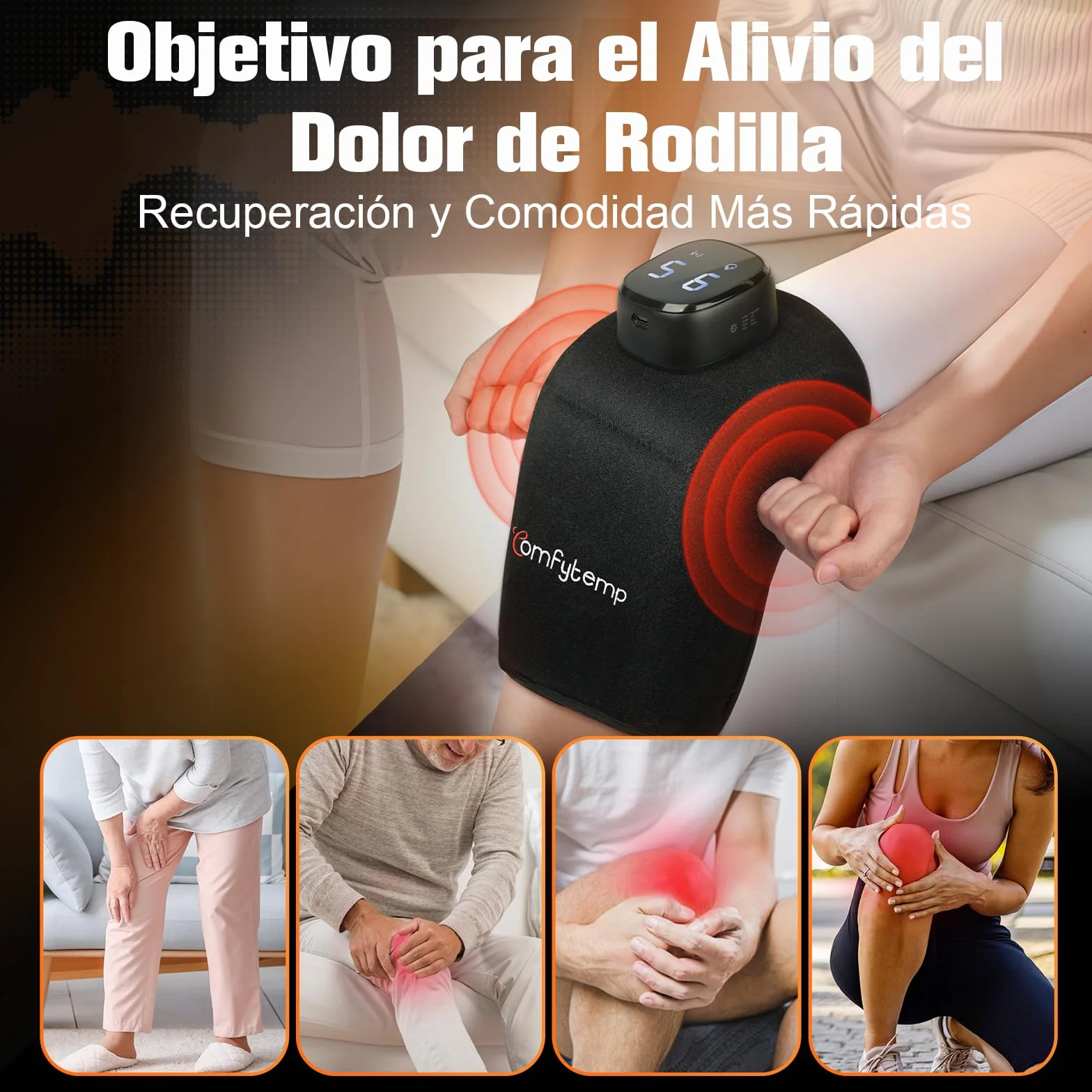 Comfytemp Almohadilla Térmica Inalámbrica para Rodilla, Masajeador 3D, Manta Eléctrica Portátil con 9 Calor 5 Vibración 3 Intensidad, Control APP
