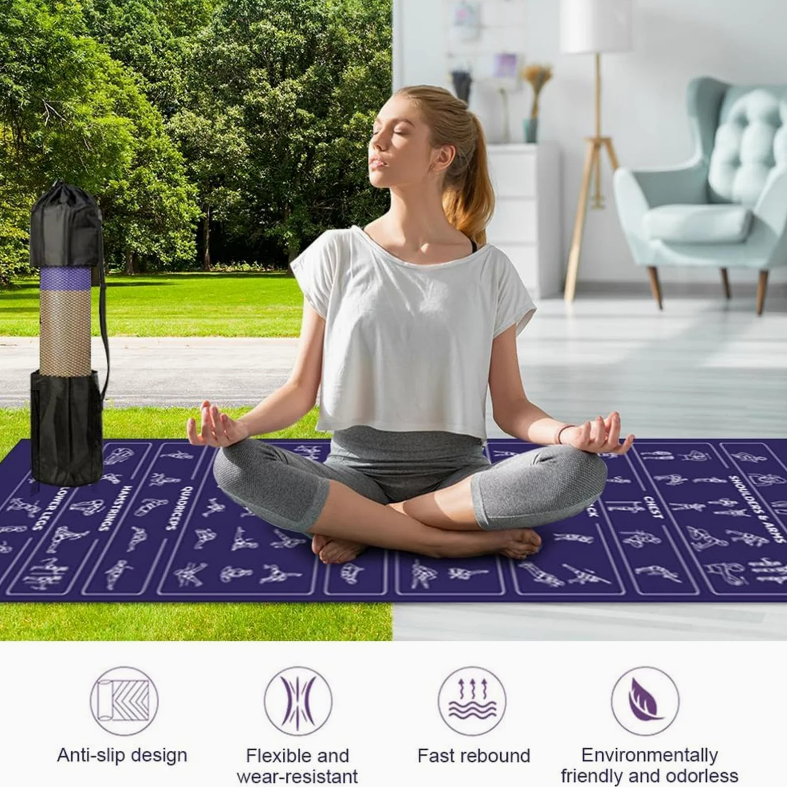 Alfombrilla de Yoga Gruesa Con Almacenamiento Antideslizante Suave | Esterilla de Yoga Antideslizante para Ejercicio para Hogar Viaje Gimnasio Estudio Pilates Fitness Aire Parque Infantil