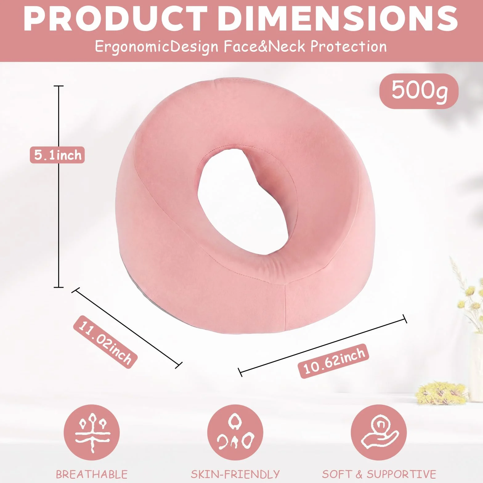 Almohada de Masaje Facial Boca Abajo con Agujero - Reposacabezas en Forma de U con Espuma Viscoelástica Rosa