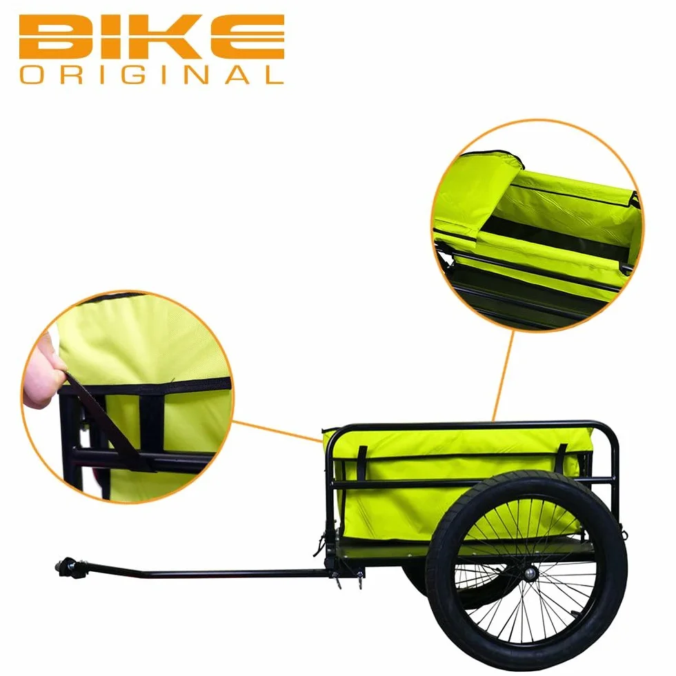 Bike Original – Remolque de bicicleta de playa – Aluminio plegable – Ruedas todoterreno de 20 pulgadas – Bolsa extraíble de gran capacidad – Carga máxima 60 kg – Fijación sobre eje rueda – Reflectores