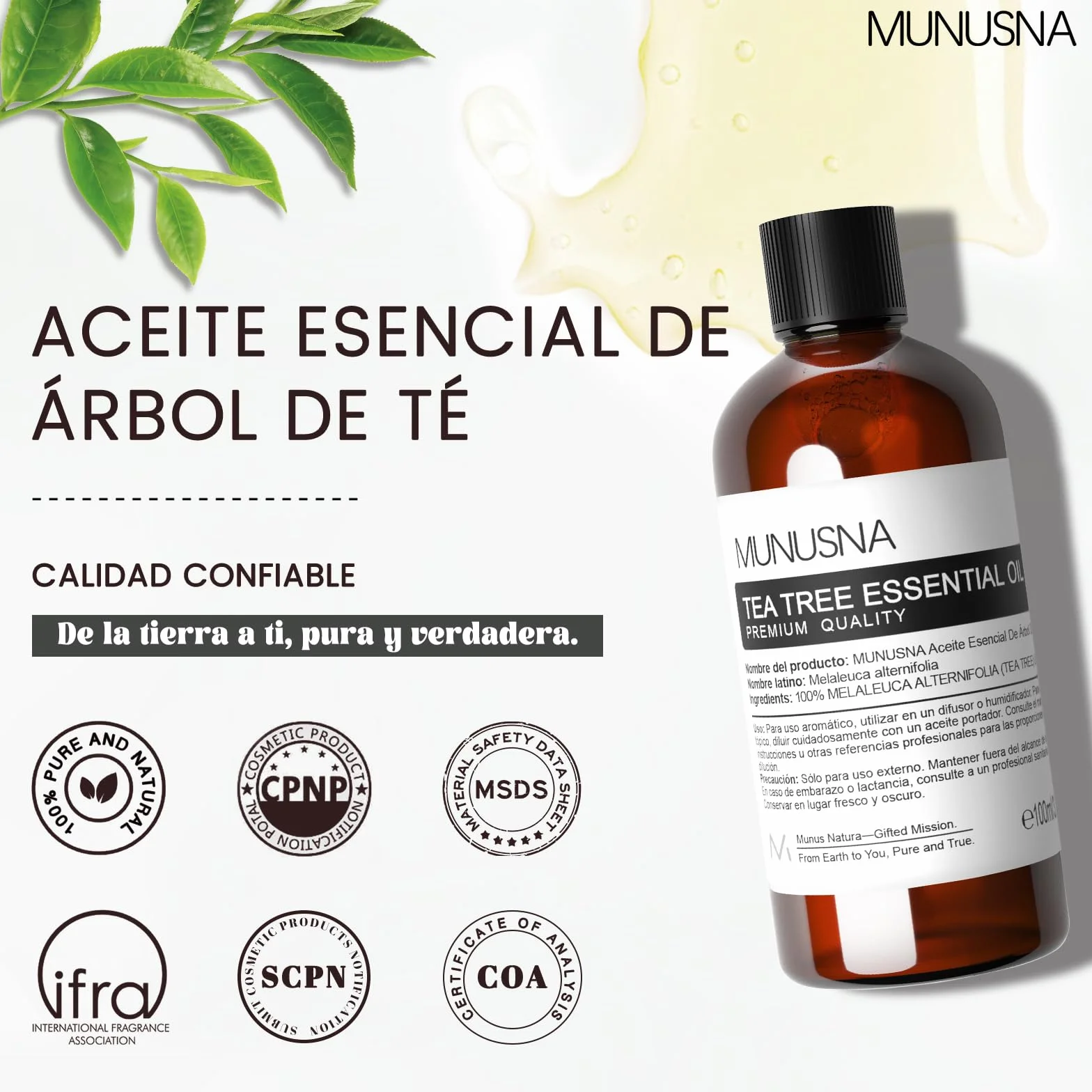 MUNUSNA Aceite Esencial de Árbol de Té 100% Puro 100ml para Puntos Negros, Granos, Cabello y Uñas