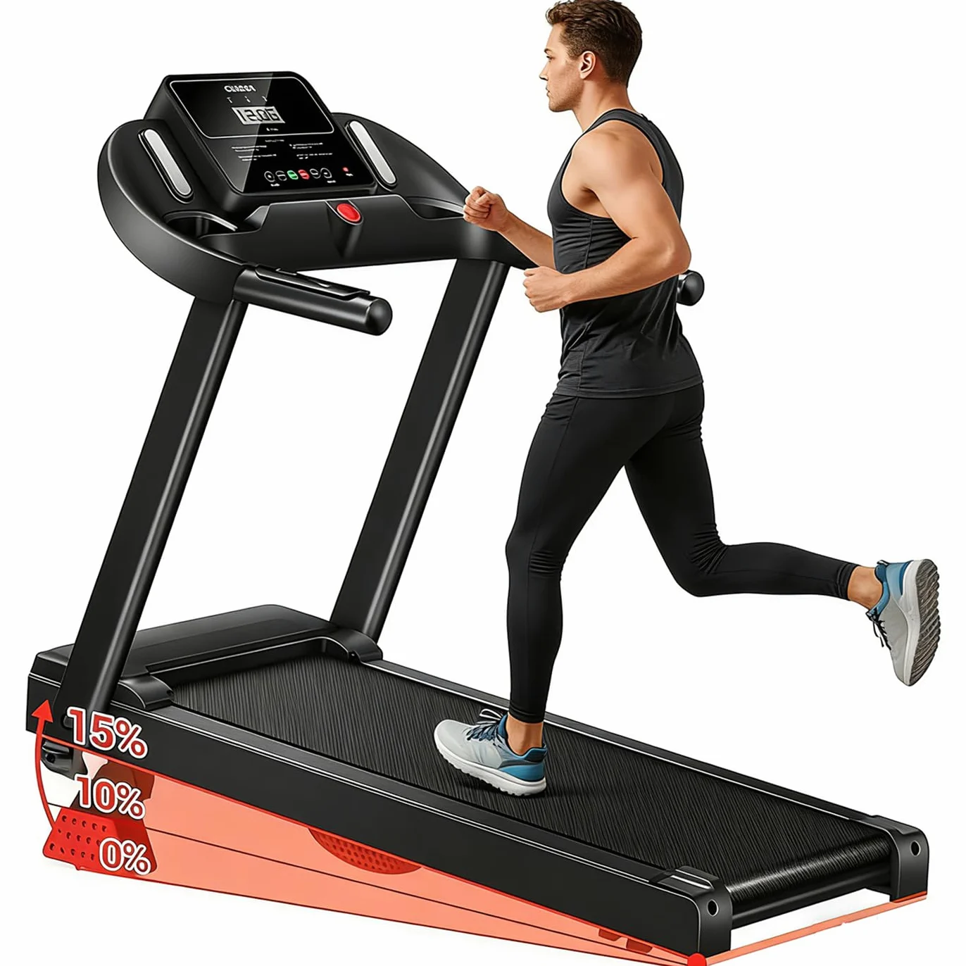 Cinta de correr plegable con inclinación al 15 %, motor sin escobillas de 3,0 HP, silencioso <45 dB, 12 + 3 programas inteligentes, amortiguación de 7 capas, sensores cardiovasculares, ahorra