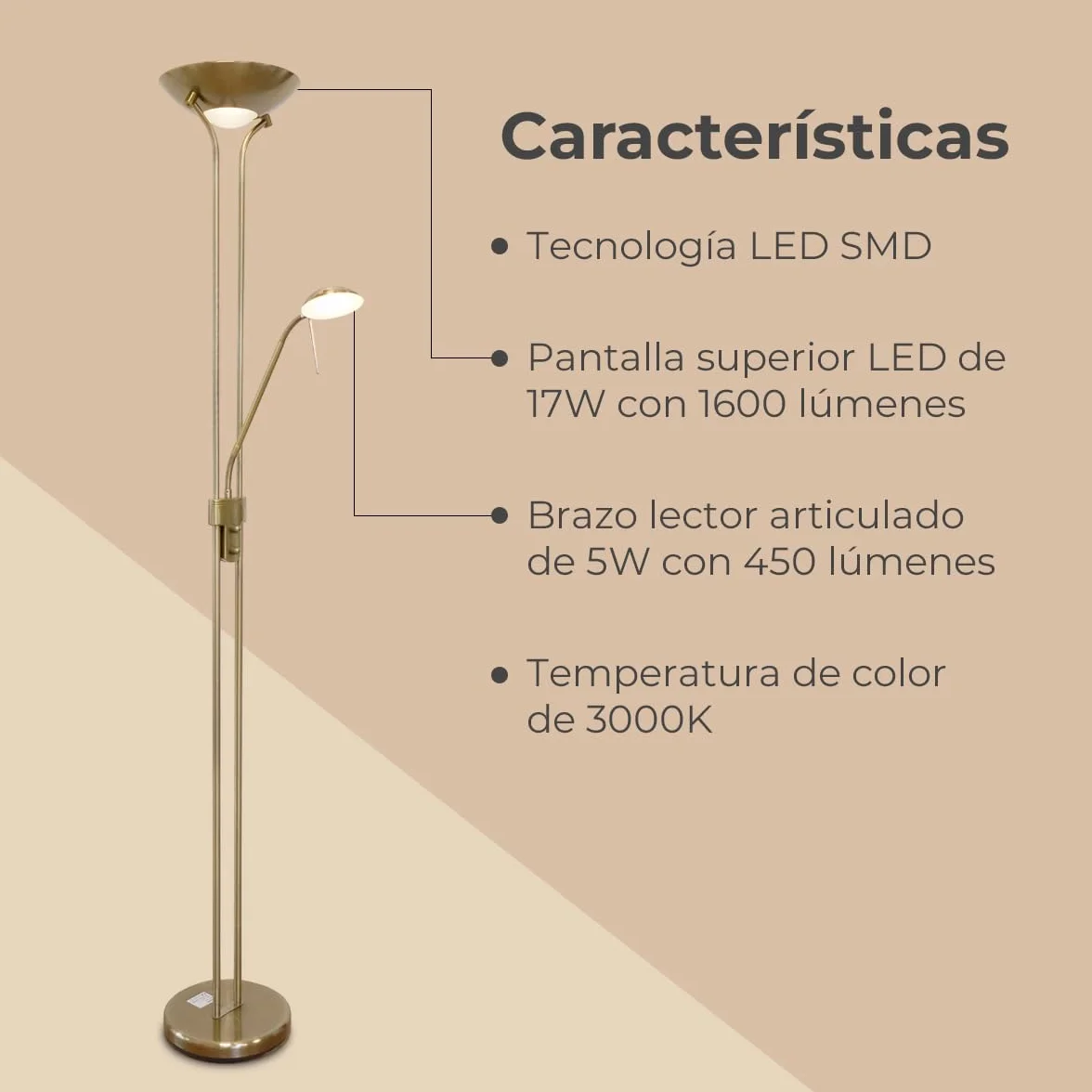 Lámpara pie salón LED SMD metal oro viejo 17W 3000K 1600lm H180cm Ancho 50cm IP20