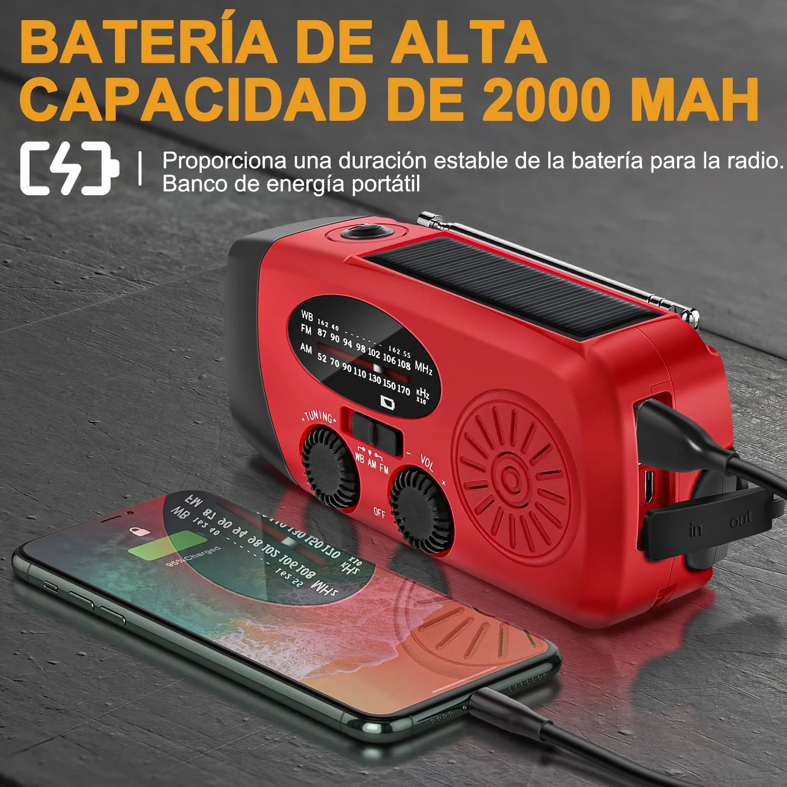 Radio Solar de Emergencia FM/AM/NOAA Portátil Manivela 2000mAh Power Bank Linterna SOS Recargable Camping