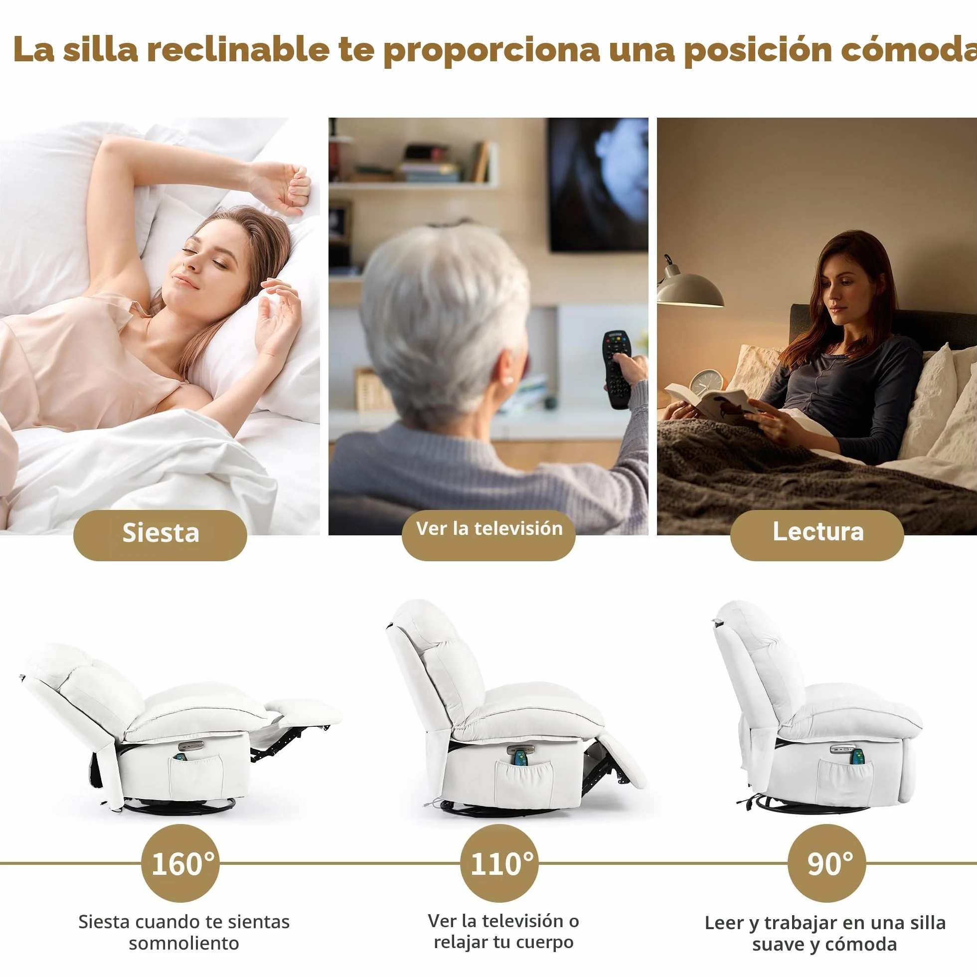 Sillón Relax Reclinable Eléctrico con Calefacción y Puertos USB-C, Blanco