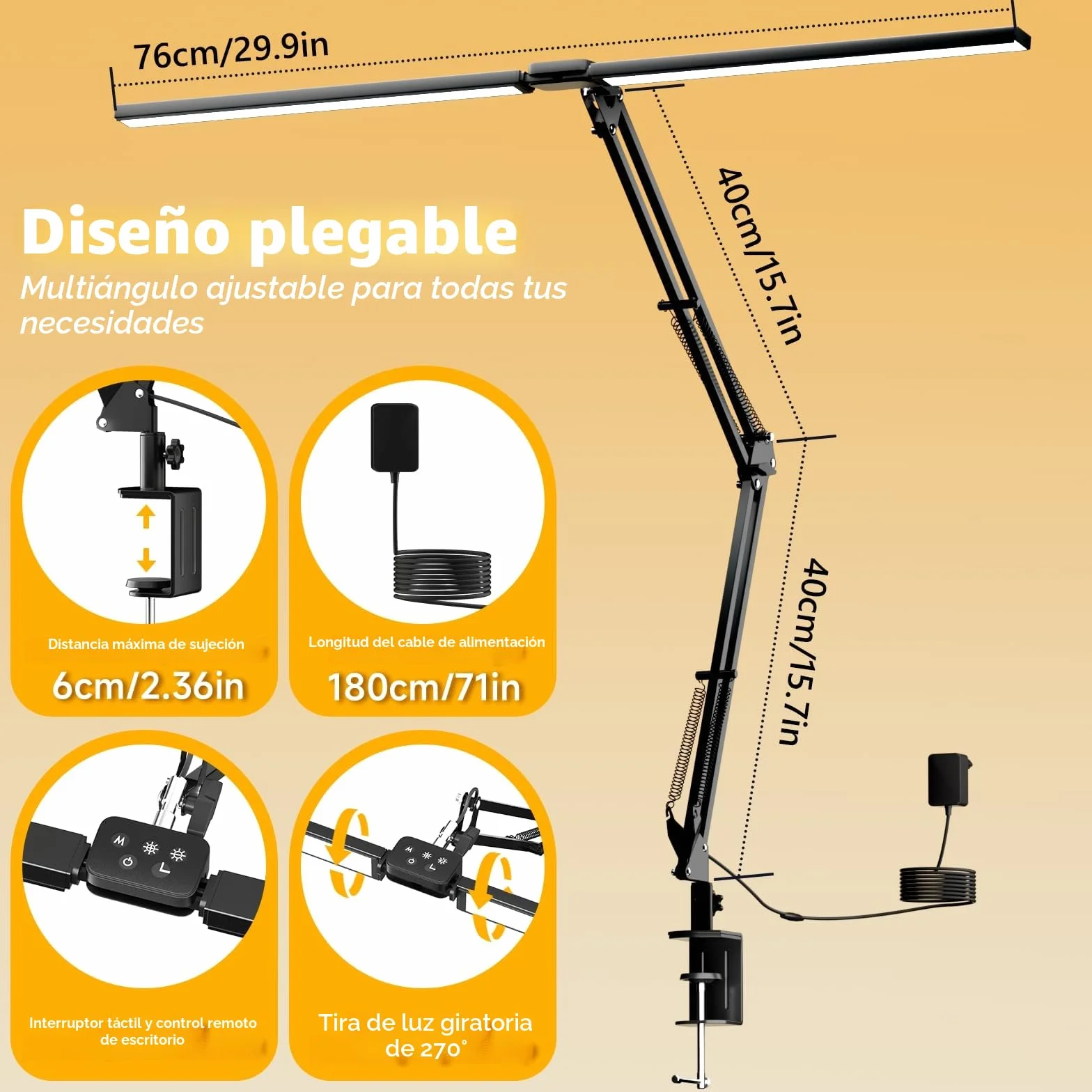 SKYLEO Lámpara LED Escritorio Doble Cabezal con Clip, 2400 LM, 24W, 5 Modos Temperatura Color, Control Remoto, Negro