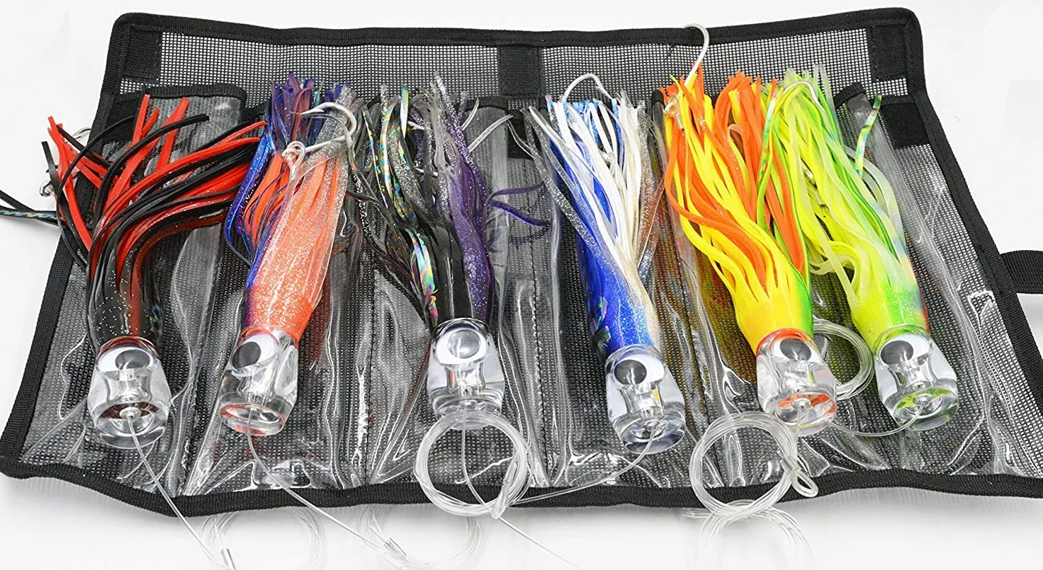 Señuelo de pesca Set de 6 Trolling Agua salada Señuelos falda: 9 Inch Rigged señuelos y negro bolsa incluido. Catch cualquier depredadores peces en el océano, delfín, atún, y Wahoo.