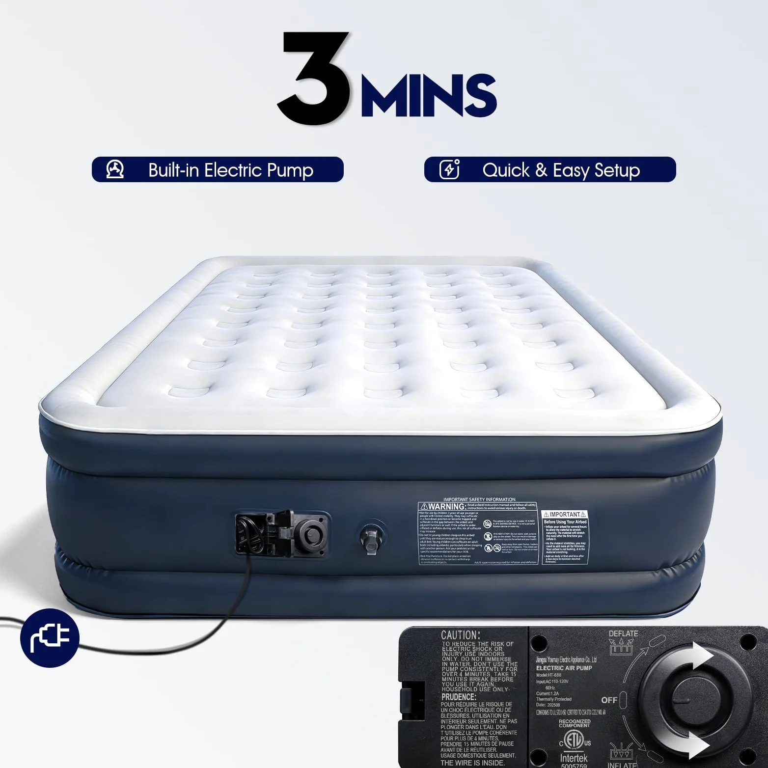Colchón de aire individual con bomba integrada, 18 pulgadas de alto y capacidad de hasta 800 libras, inflado rápido en 3 minutos, colchón inflable duradero con bolsa de almacenamiento, cama inflable