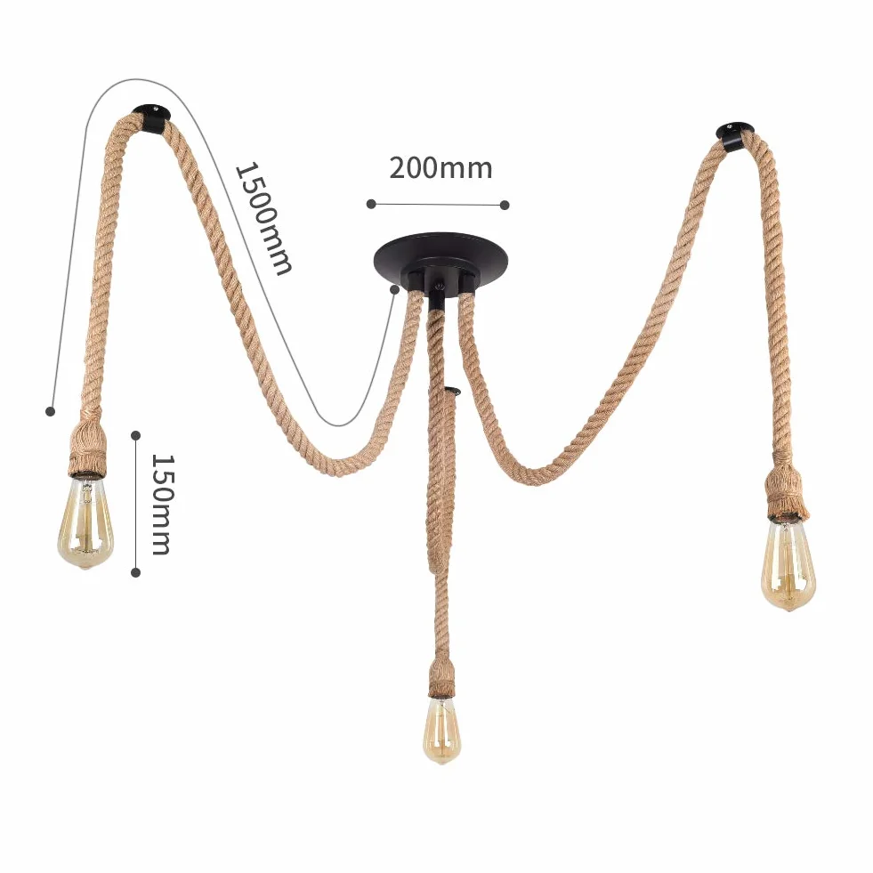 MAXDUYU Lámparas colgantes industriales de cuerda de cáñamo, 3 Luces Lámpara Colgante Techo E27 para Comedor