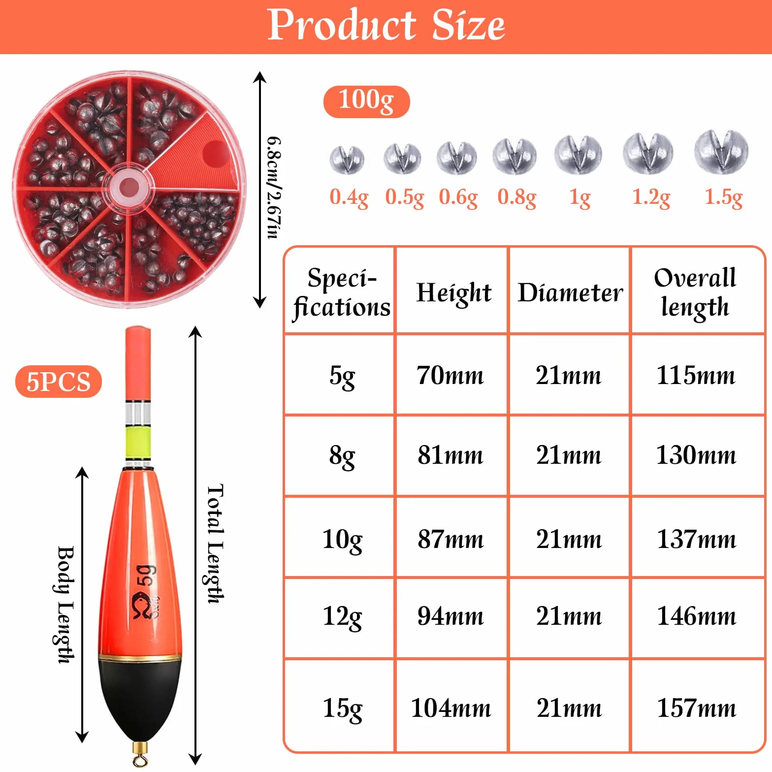 6 Piezas Juego de Flotadores De Pesca con Caja De Plomo, 5g 8g 10g 12g 15g Flotador Luminoso Brillante, Pesca ASccesorios para Diferentes Tipos De Peces como Trucha, Anguila, Carpa