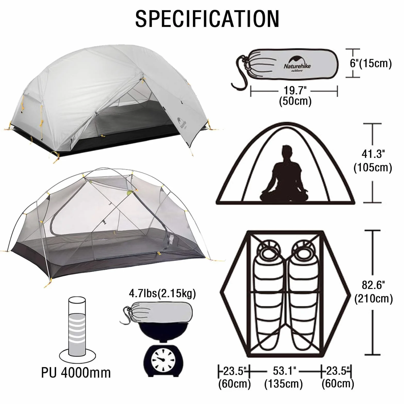 Naturehike Mongar - Tienda de campaña para mochilero, 2 personas, ligera, 3 estaciones, impermeable, para senderismo, doble capa, fácil instalación, doble capa para caza, montañismo, viajes, con