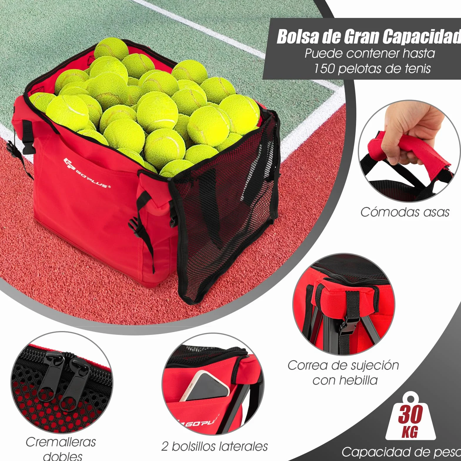 GYMAX Carrito para Pelotas de Tenis, con Marco de Aluminio y Bolsa de Transporte, Carrito de Tenis de hasta 30 kg, Carrito de Transporte para Pelotas de Tenis, Béisbol y Pelotas de Pickball