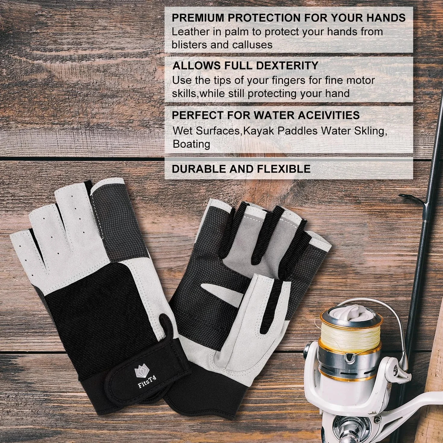 FitsT4 Sports Guantes de Vela con Dedos ¾ y Agarre Ideal para navegar, Yates, Deportes de Vela, Remo, Kayak, Pesca, Botes neumáticos, Deportes acuáticos con embarcaciones