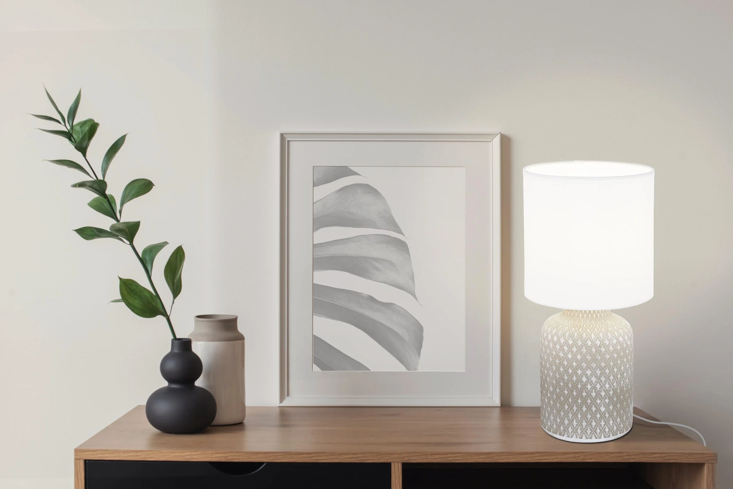 Eglo Bellariva Lámpara de mesa cerámica gris textil blanco E14