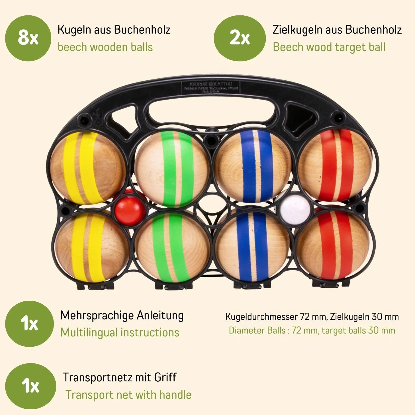 GICO - Juego de petanca de madera maciza a rayas con 8 bolas de diámetro 7 cm fabricado en la UE - 3015