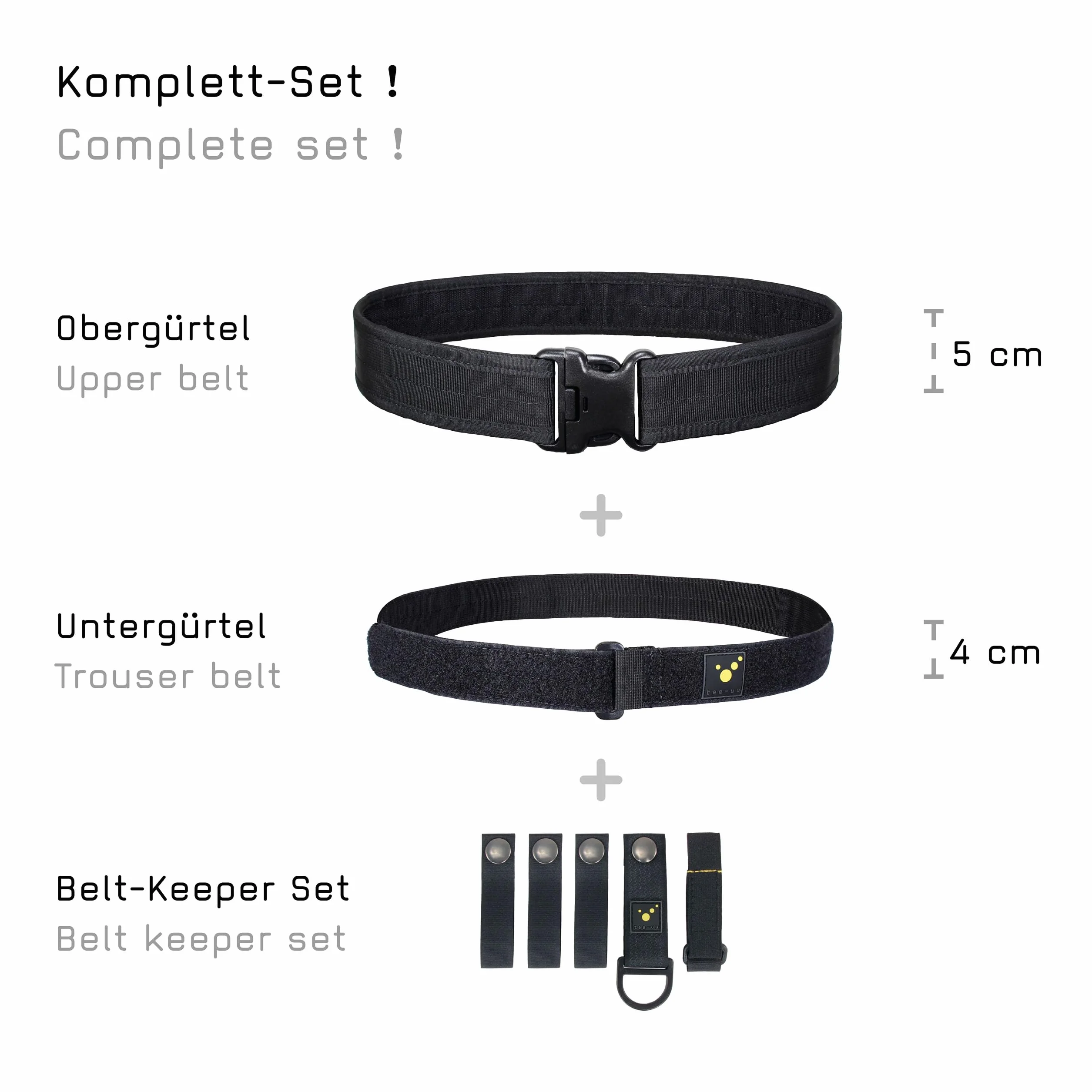 tee-uu Juego completo de cinturón de seguridad (S-XXL), color negro, incluye cinturón interior y juego de Belt Keeper, XXL (contorno de cadera 130 – 150 cm)