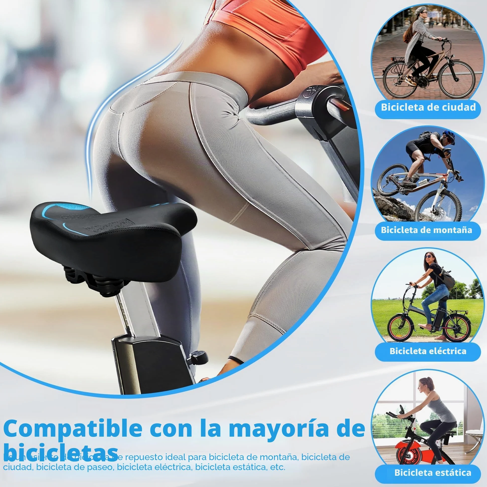 CDYWD Sillín de bicicleta de gran tamaño para hombre y mujer, cómodo, extra ancho, acolchado de espuma suave, bicicleta estática, sillín de turismo