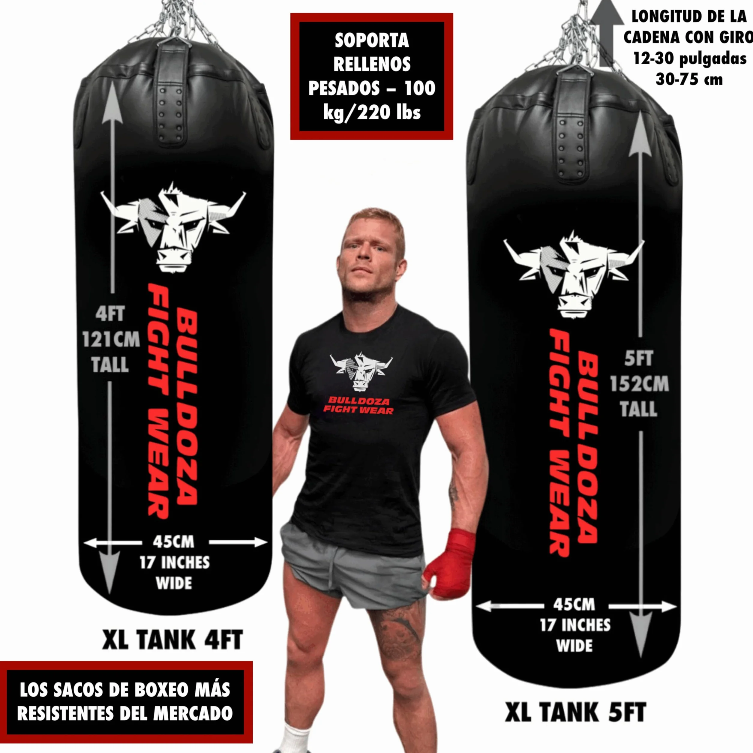 XL Tank Bull Doza Fight Wear - Saco de boxeo con cadenas colgantes, giratorio, mosquetones, bolsa de boxeo