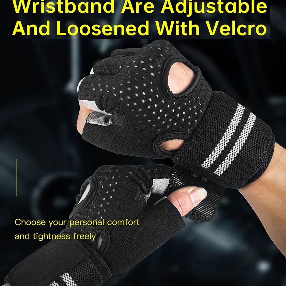 1 par de guantes de entrenamiento sin dedos para hombres y mujeres, guantes de levantamiento de pesas con muñequeras, soporte para entrenamiento en gimnasio, protección completa de la palma, neg