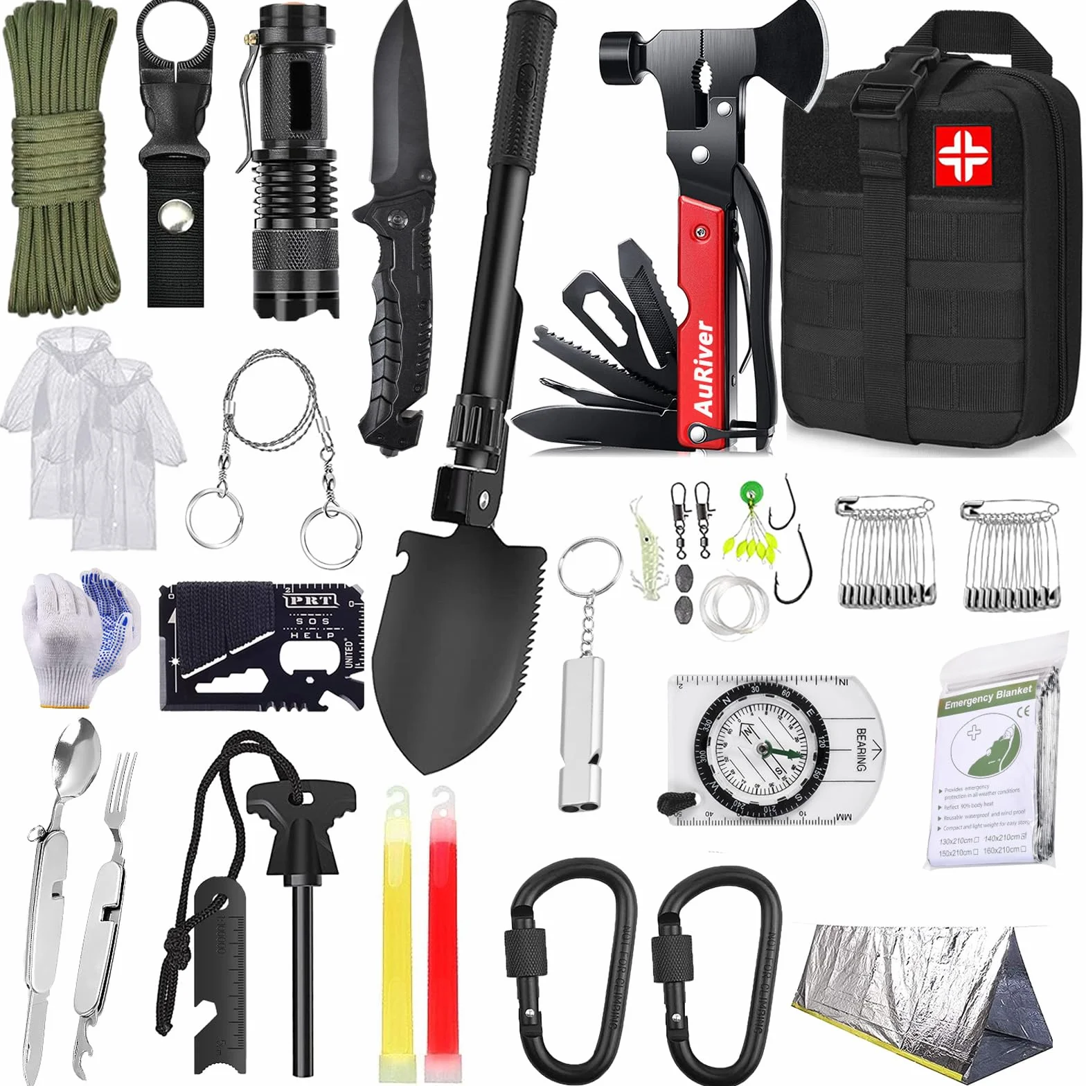 Kit de Supervivencia, Equipo de Emergencia, Kit Supervivencia con Hacha de Martillo Multifuncional, Kit de Emergencia para Viajar Caminar Acampar al Aire Montaña (Negro)