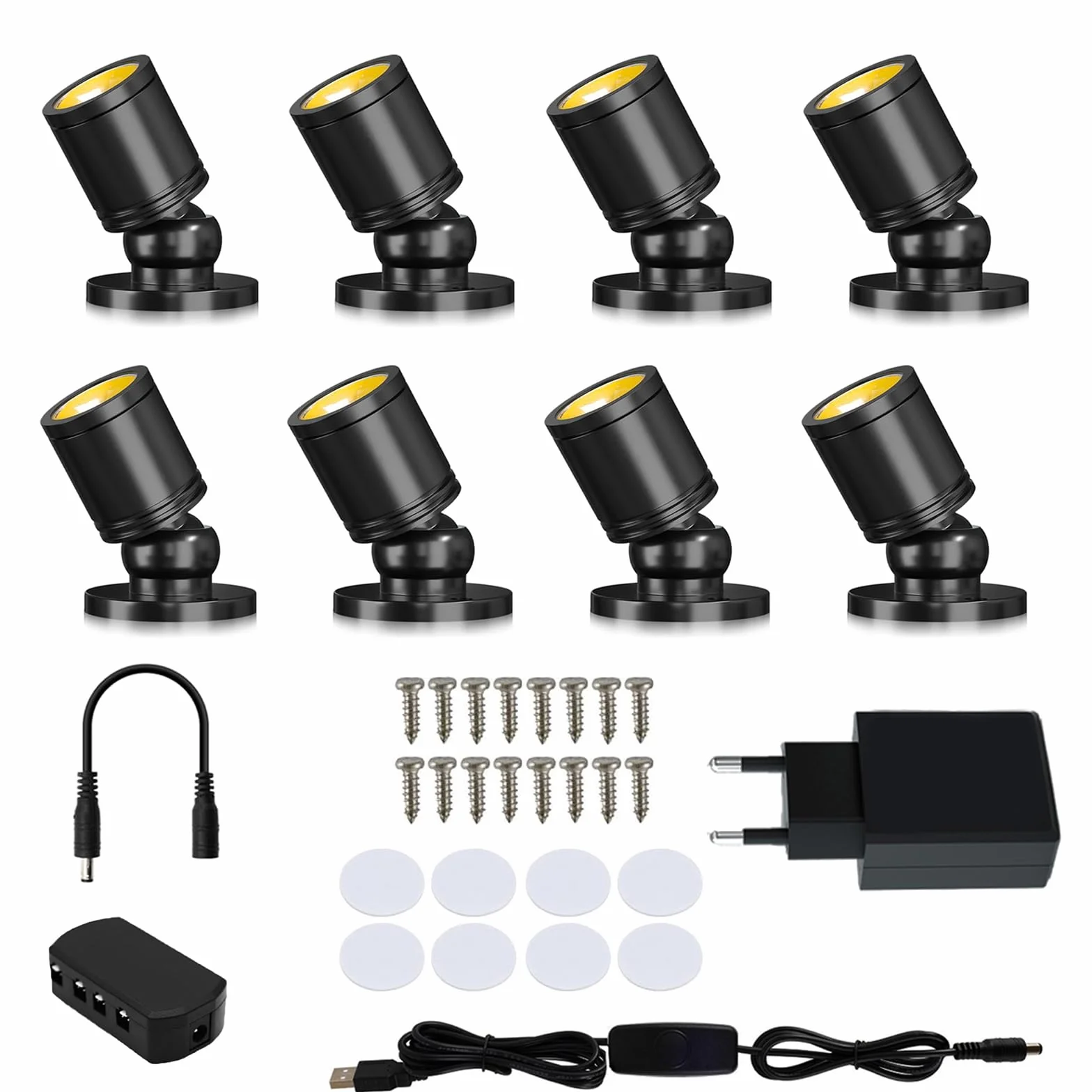 Mini focos LED USB 3000K blanca cálida rotativo 360° para escaparate hogar decoración joyas pintura vitrinas 8 piezas