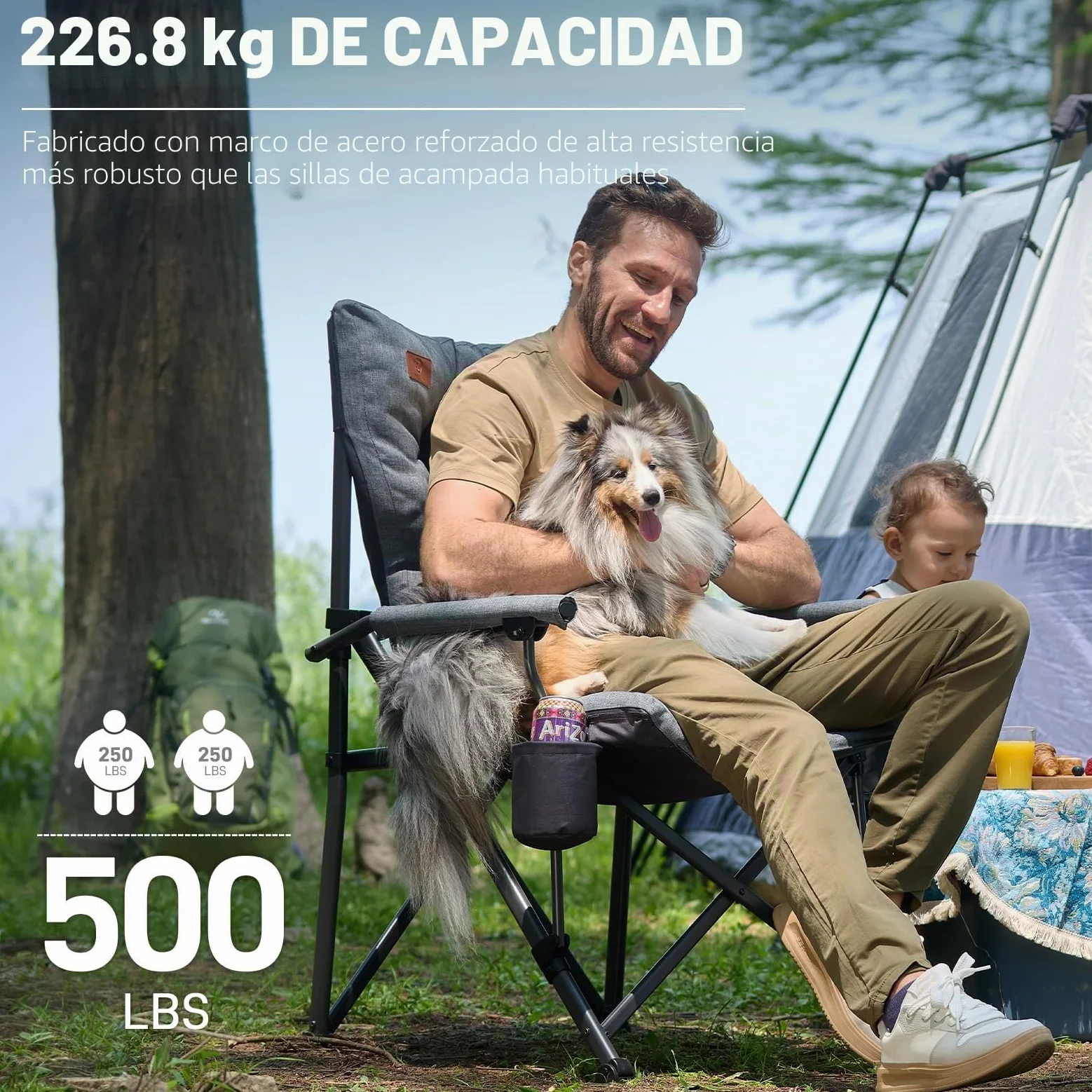 EVER ADVANCED Silla de Camping para Adultos de Gran tamaño, Resistente y Extra Ancha con reposabrazos Duro, 230 kg, Silla Plegable Acolchada de 6 cm, Bolsillo Lateral