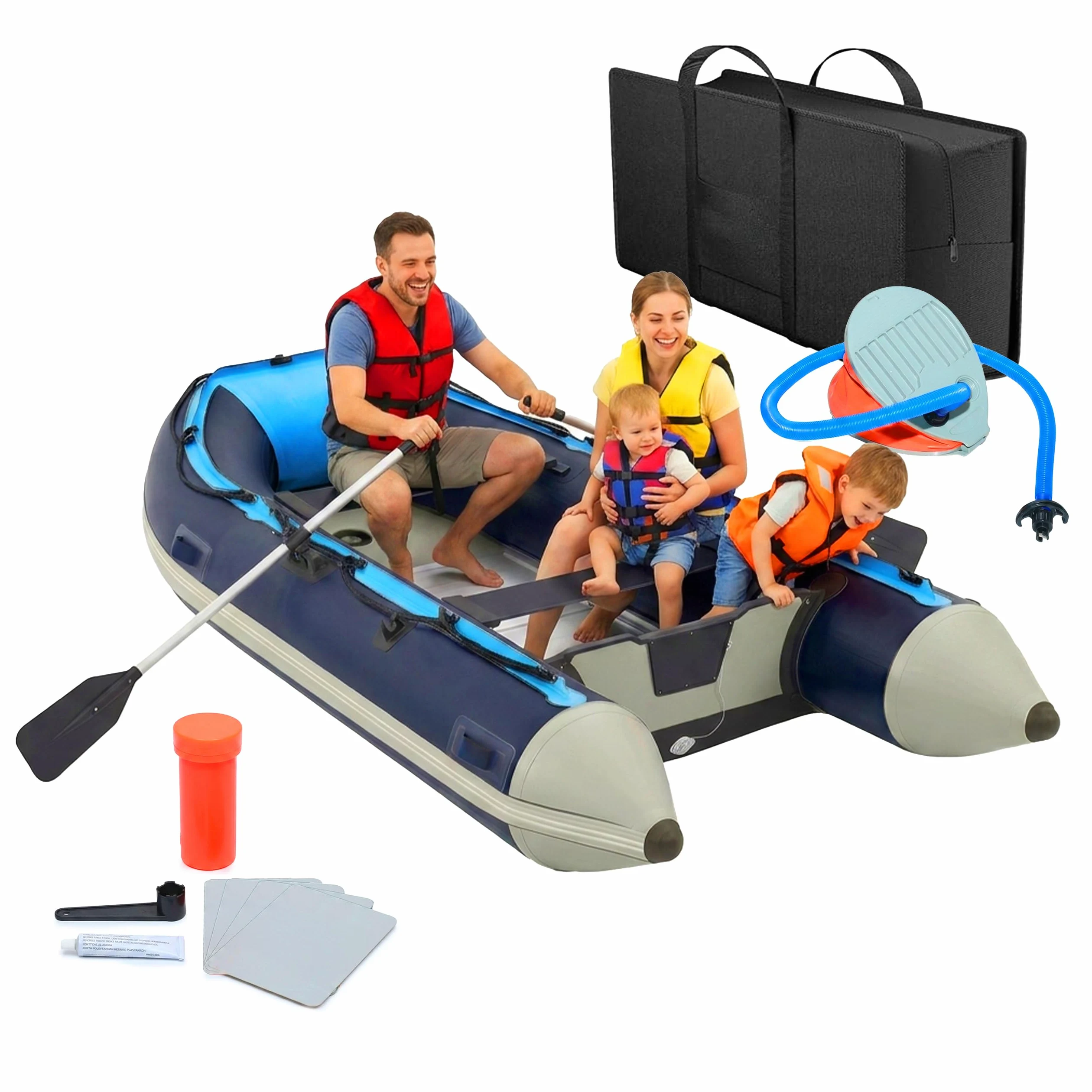 Relaxdays Set Bote Hinchable, 4 Personas, 3,20 m, remos, Bomba & Bolsa, Fondo de Aluminio, para Pesca, Azul y Blanco