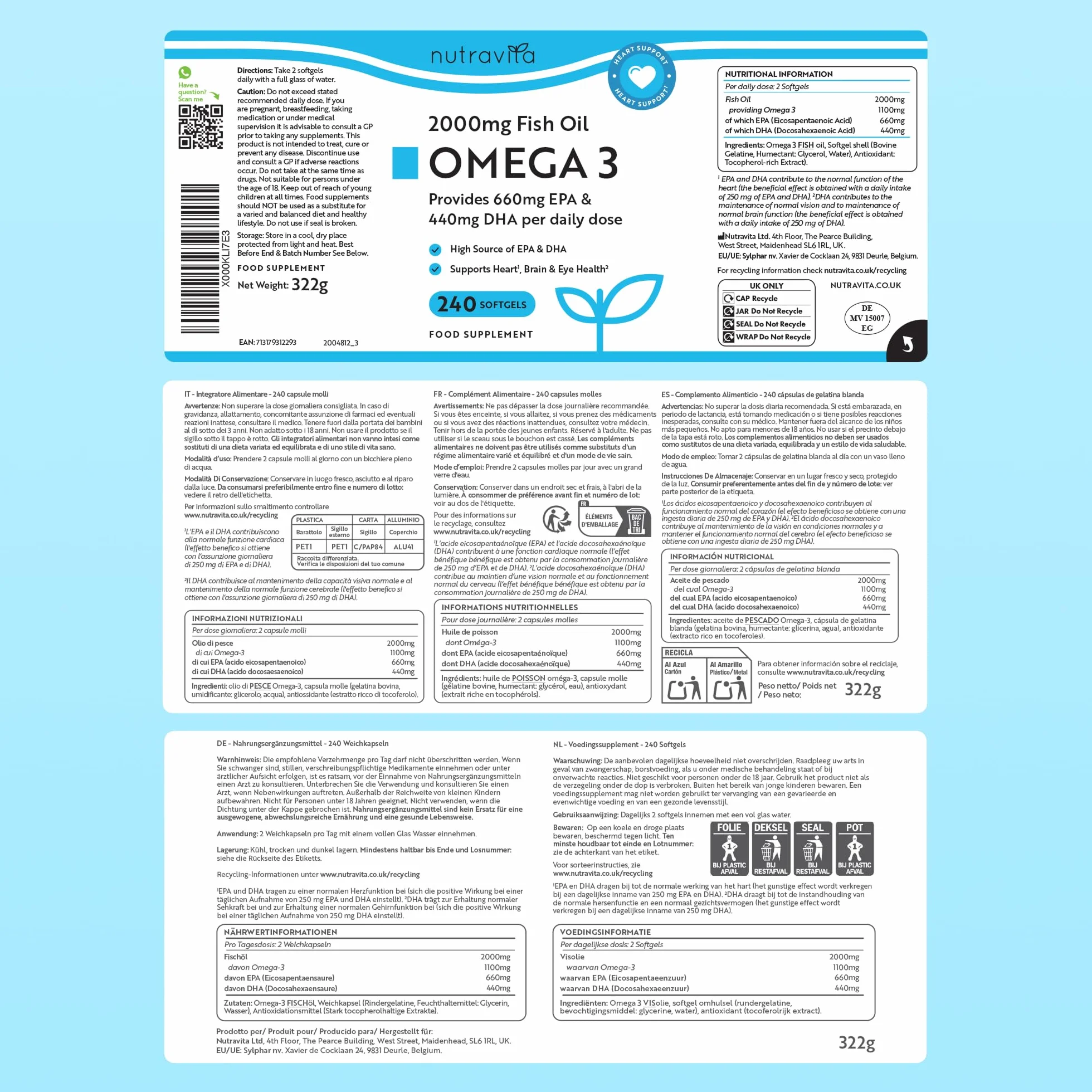 Nutravita Omega 3 2000mg 660mg EPA 440mg DHA 240 Cápsulas Blandas Suplemento para Corazón Cerebro Visión