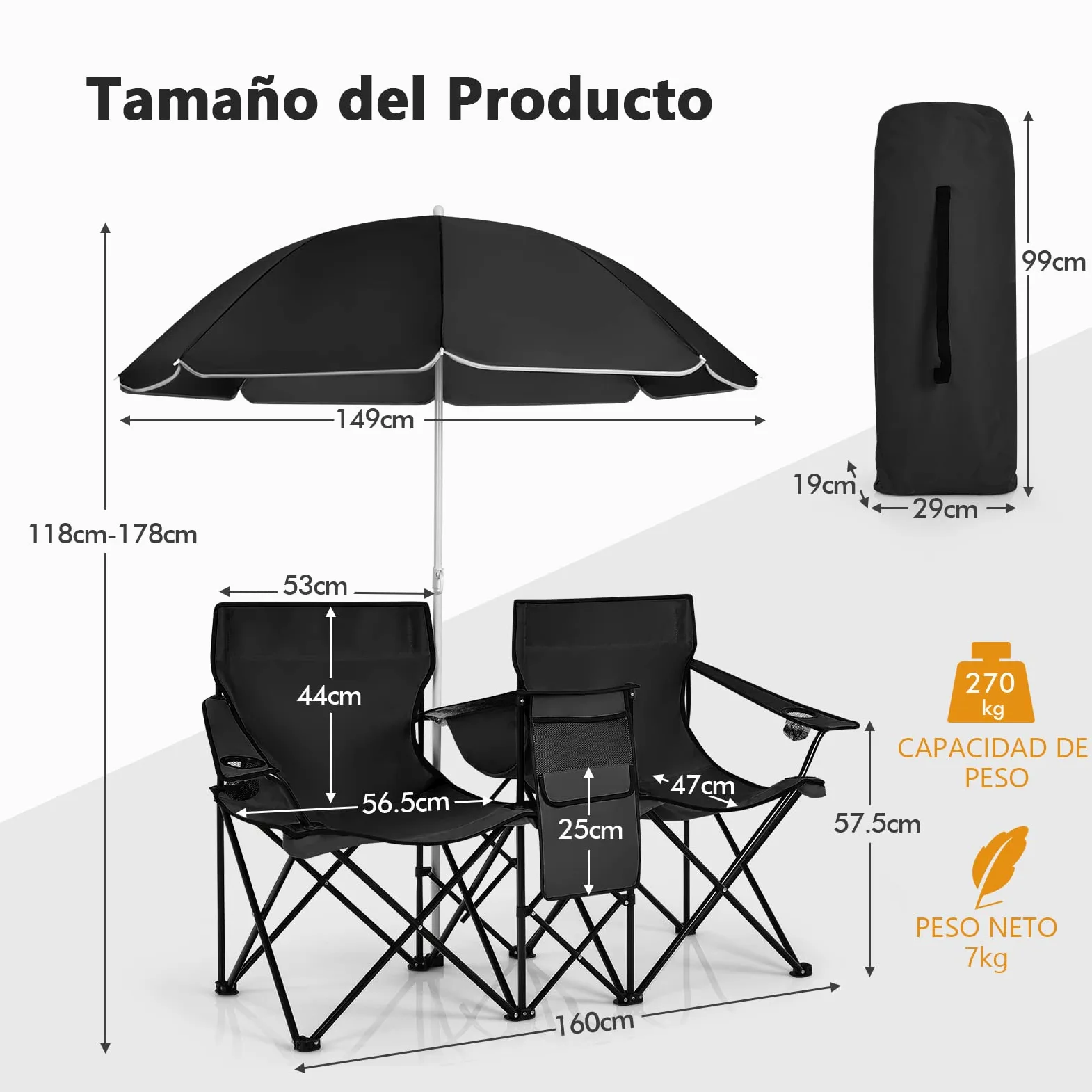 GIANTEX Juego de 2 Sillas de Camping Plegables con Sombrilla, Sillas de Pesca para 2 Plazas con Portavasos y Bolsa Nevera, para 2 Personas, con Bolsa de Transporte (Negro)