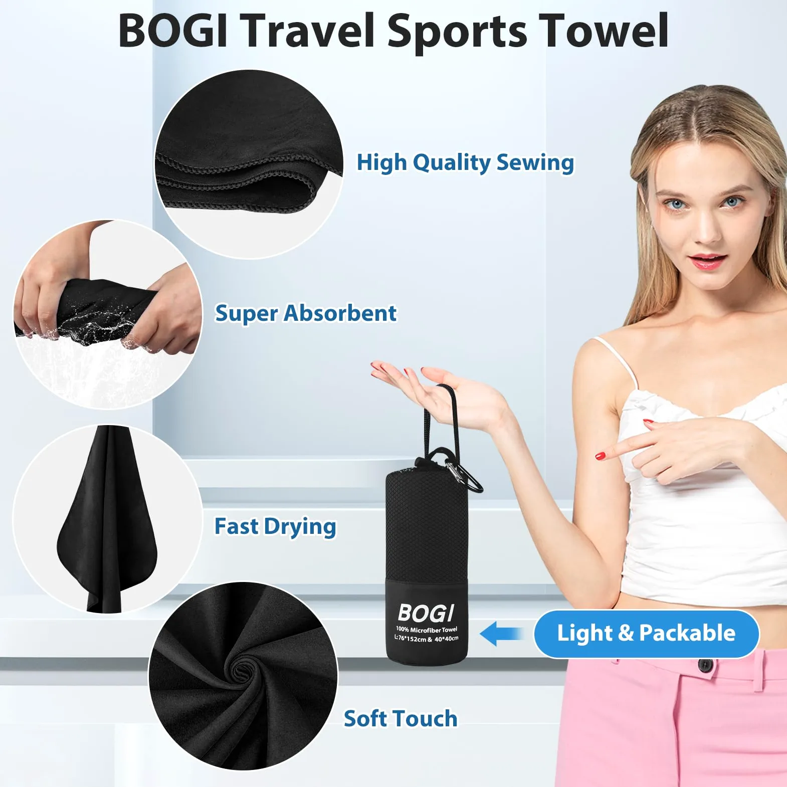 BOGI Toalla deportiva de microfibra de secado rápido, toalla de camping de microfibra suave y ligera, toalla de viaje compacta para camping, gimnasio, yoga, natación, mochileros (XL: 72 x 32 pulgadas