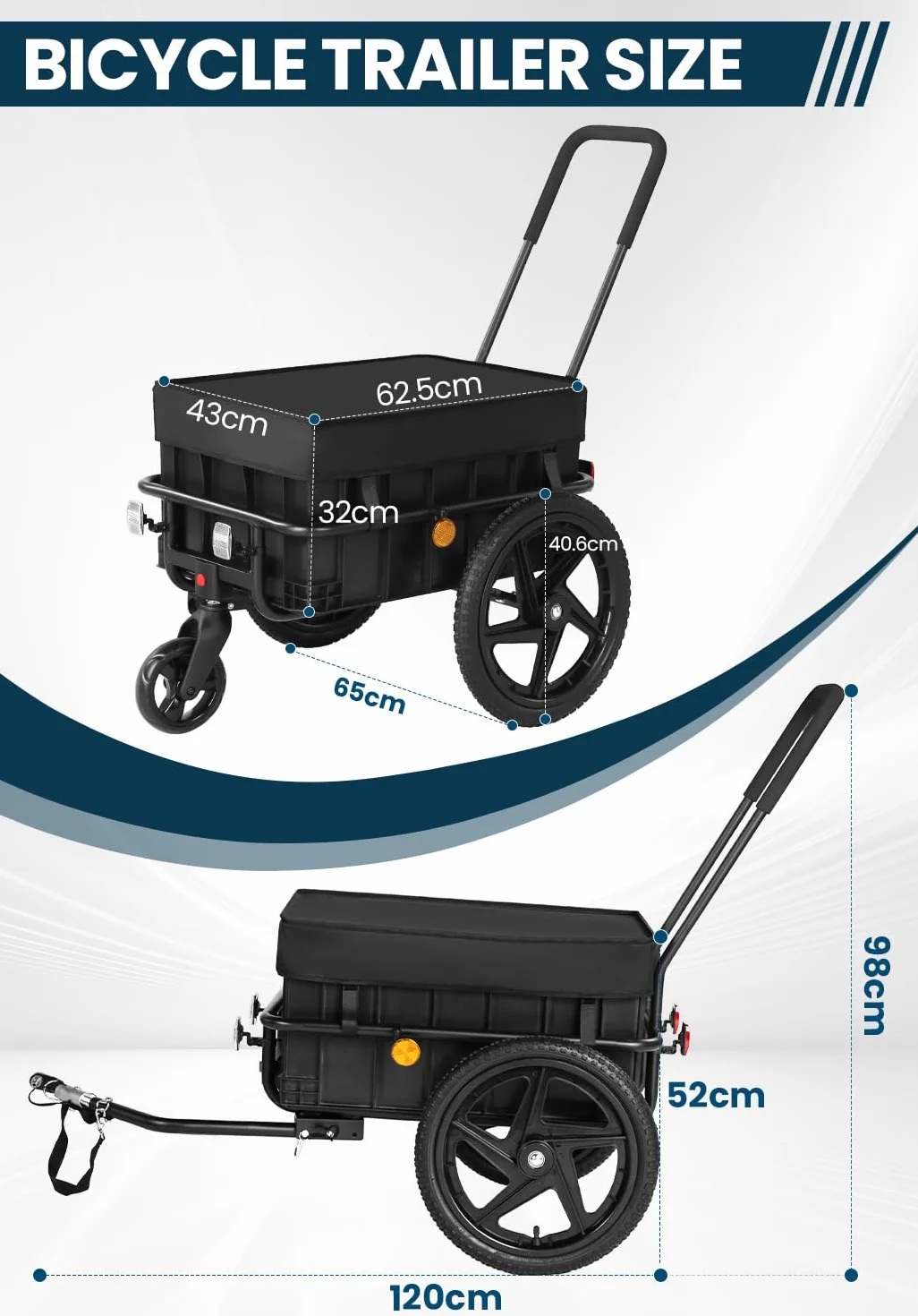 SEPNINE 2 en 1 Remolque de Bicicleta, Remolque de Carga con Enganche, Carro de Mano con Barra de Empuje, Marco de Hierro, Neumáticos de 40 cm, Capacidad de Carga de 40 kg