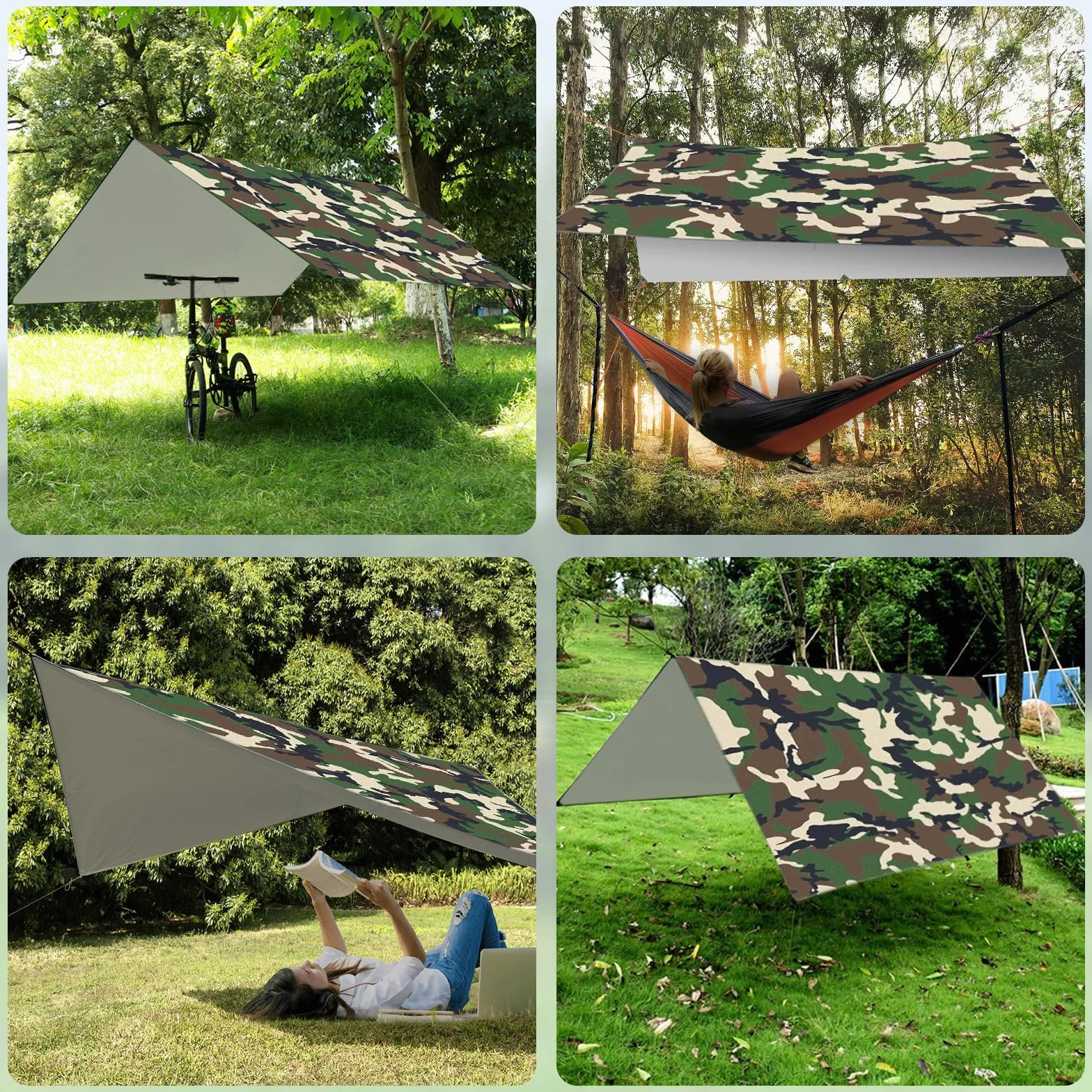 Toldo de Refugio Camping 3x3M, Toldo Camping Impermeable,Tienda de Campaña Tarp con 6 Cuerdas,6 Clavos de Tierra,2 Bolsa de Guarda,Lona Protectora Anti-UV para Vivac, Picnic, Playa, Hamaca