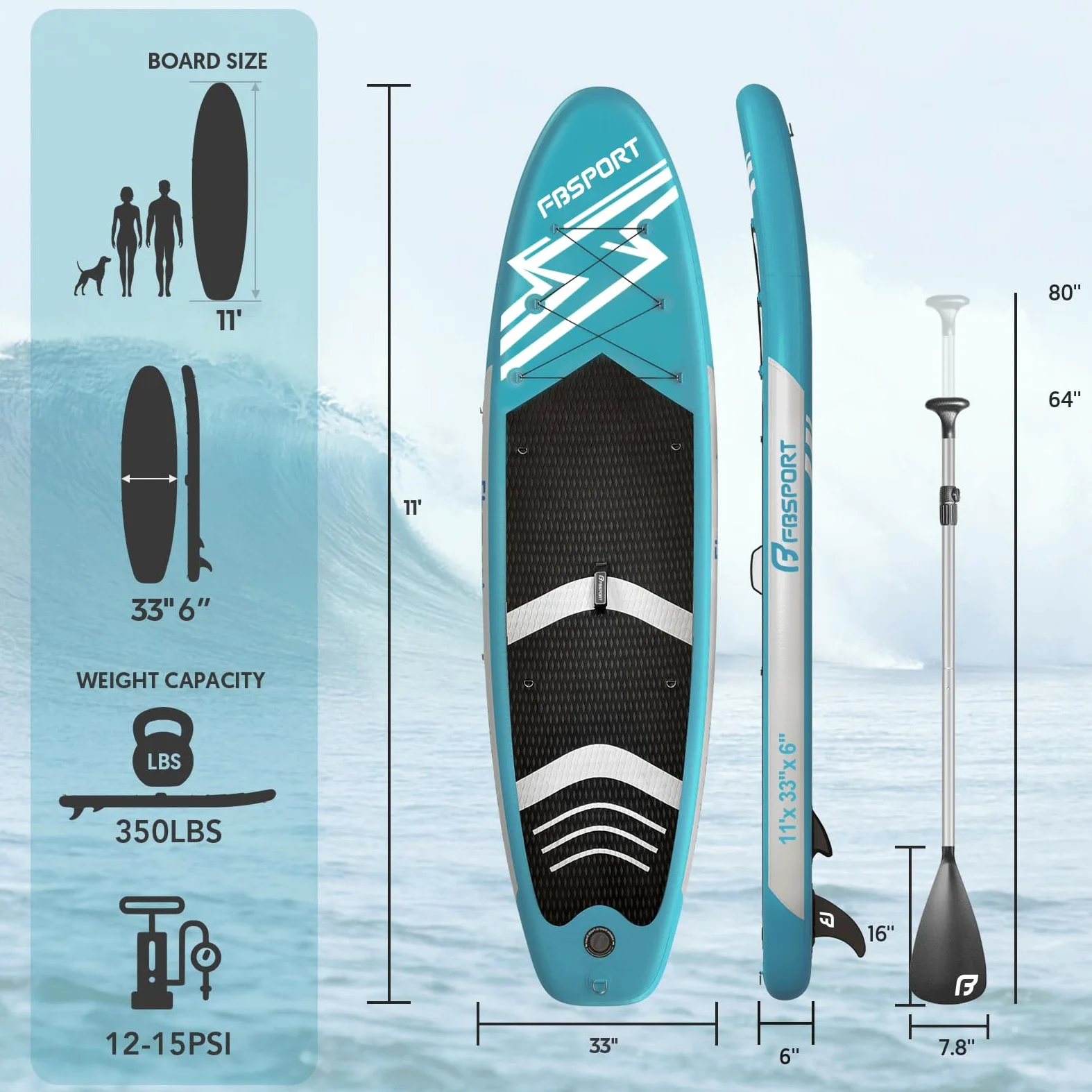 FBSPORT Tabla de Remo de pie 11 pies, Tabla de Yoga con Accesorios Sup y Bolsa de Transporte, Amplia Postura, Control de Surf, Cubierta Antideslizante, Correa, Pala y Bomba para