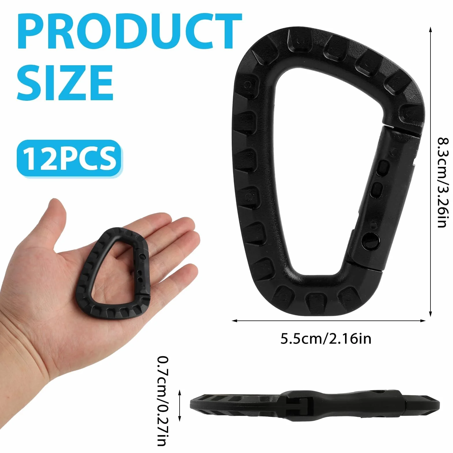 12 Piezas mosqueton Grande tactico Escalada, Carabiners, D Shape Carabiner Negro de plástico tamaño (8,3 cm x 5,5 cm), para Actividades al Aire Libre como Camping, Senderismo y Viajes