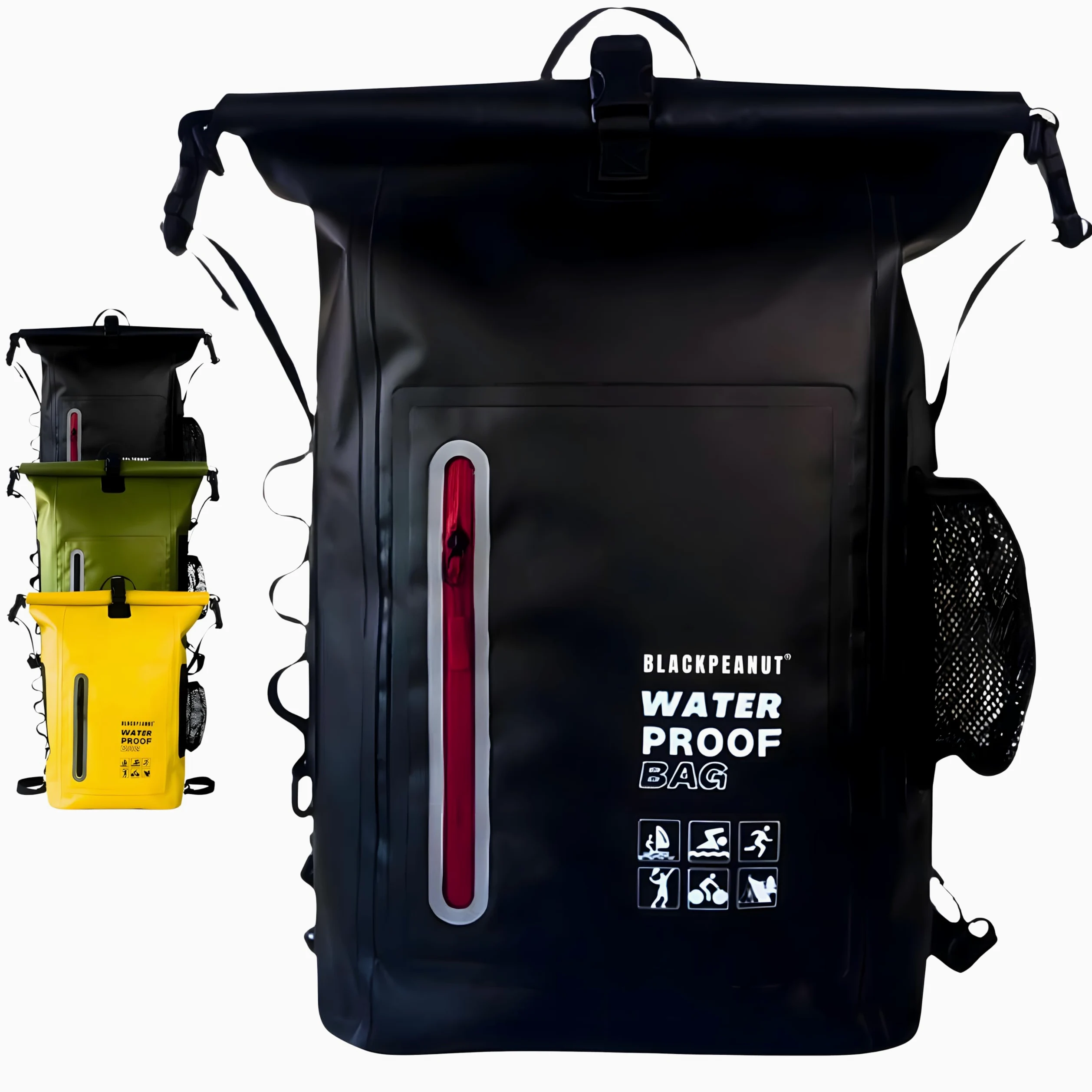 Mochila Estanca 25L Negro Bolsa Seca Impermeable Kayak Playa | Bolsillo exterior para botella, tirantes acolchados, dry bag ligero, pesca, paddle surf, camping y senderismo