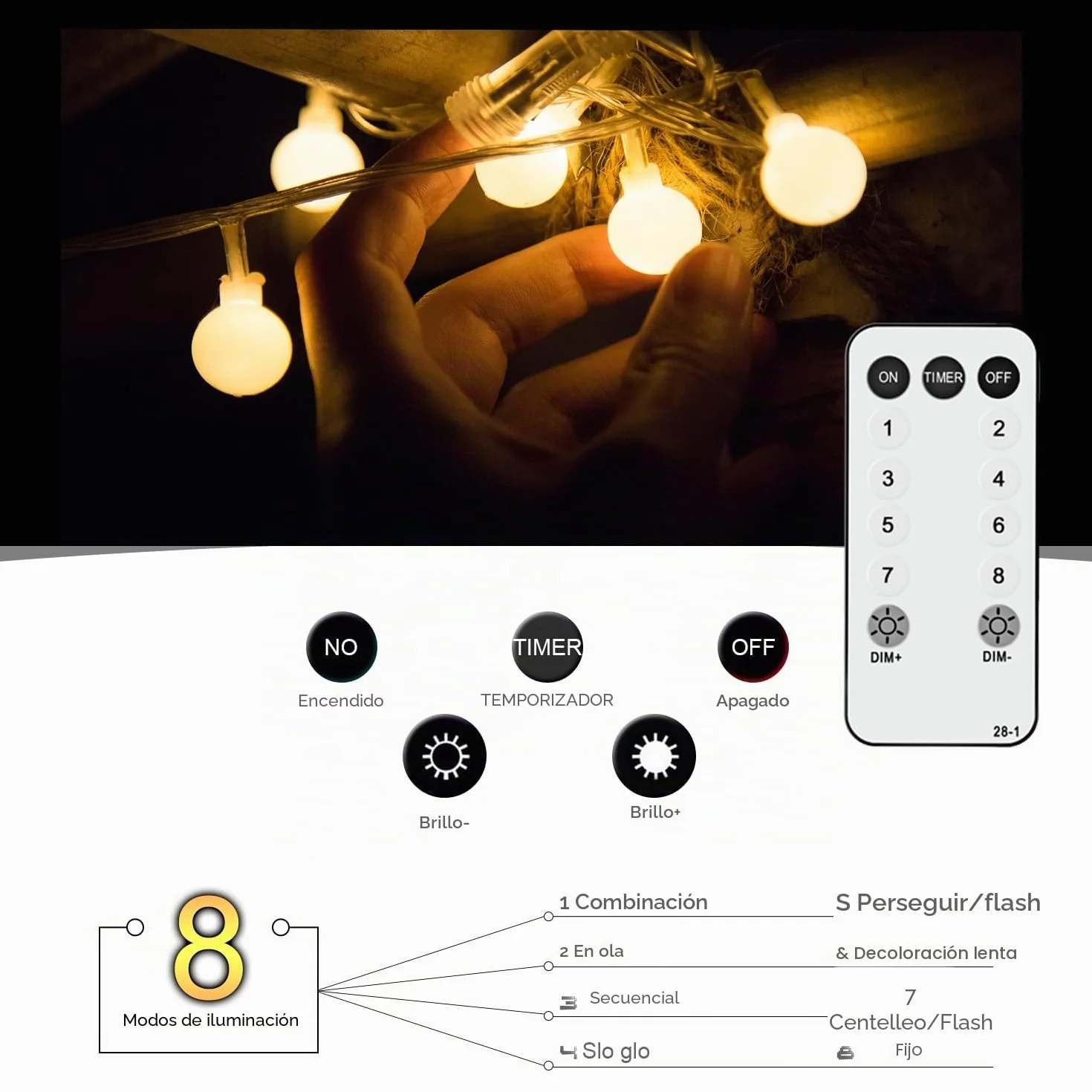Liyade Guirnalda Luces 15M 120LED Cadena de Luces Exterior Interior 8 Modos Navidad