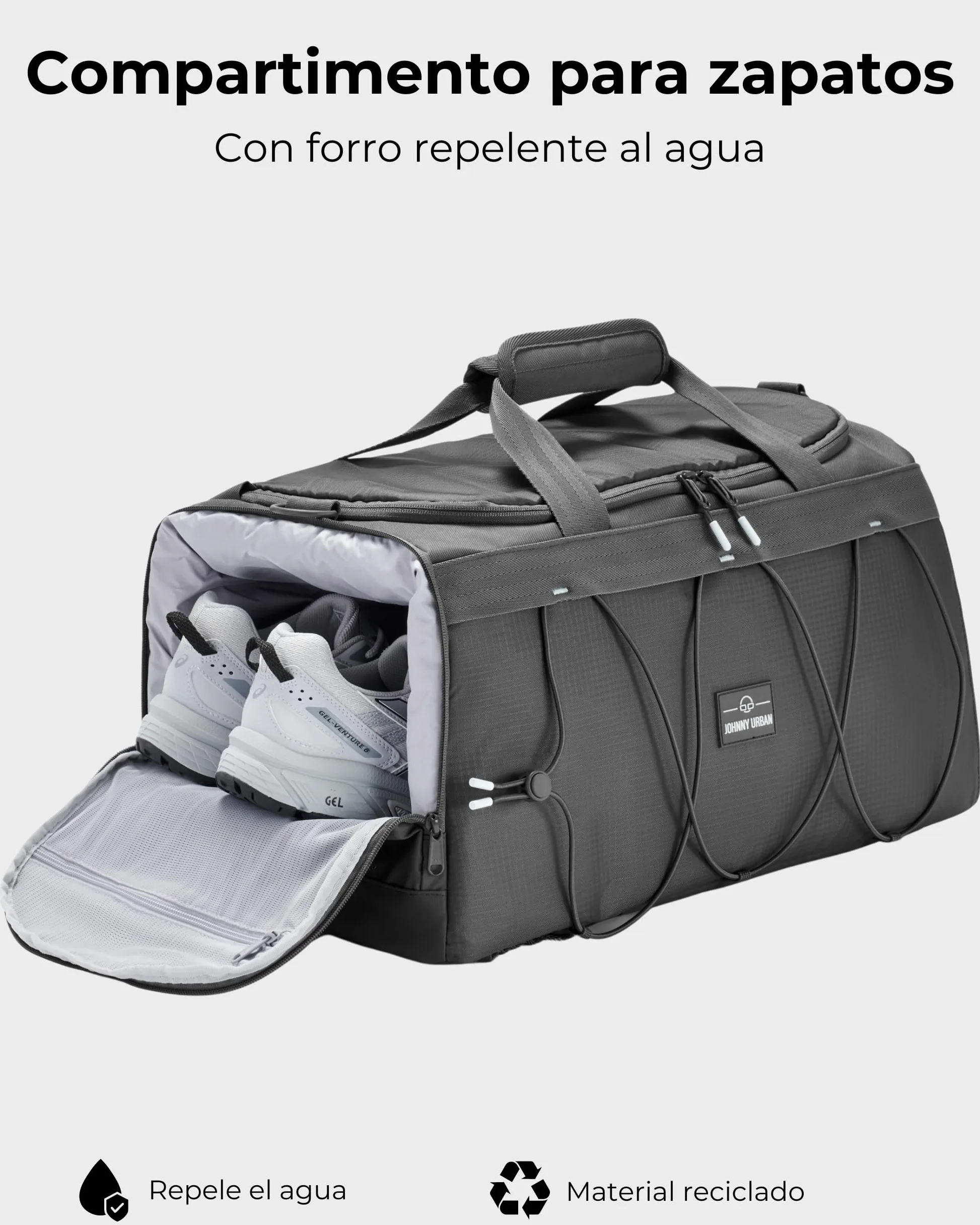 Johnny Urban Bolsa Deporte Hombre Mujer Gris - Shawn - Mochila Gimnasio 2 en 1 - Bolsa de Viaje con Compartimento para Zapatos - Ligero & Repelente al Agua
