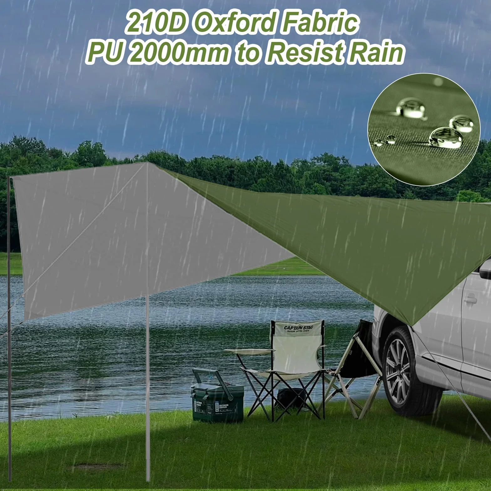 Toldo para Coche, Universal Toldo para Portón Trasero de Coche 380x280cm, Impermeable Toldo Parasol Coche para Auto, SUV, Camping (Verde)