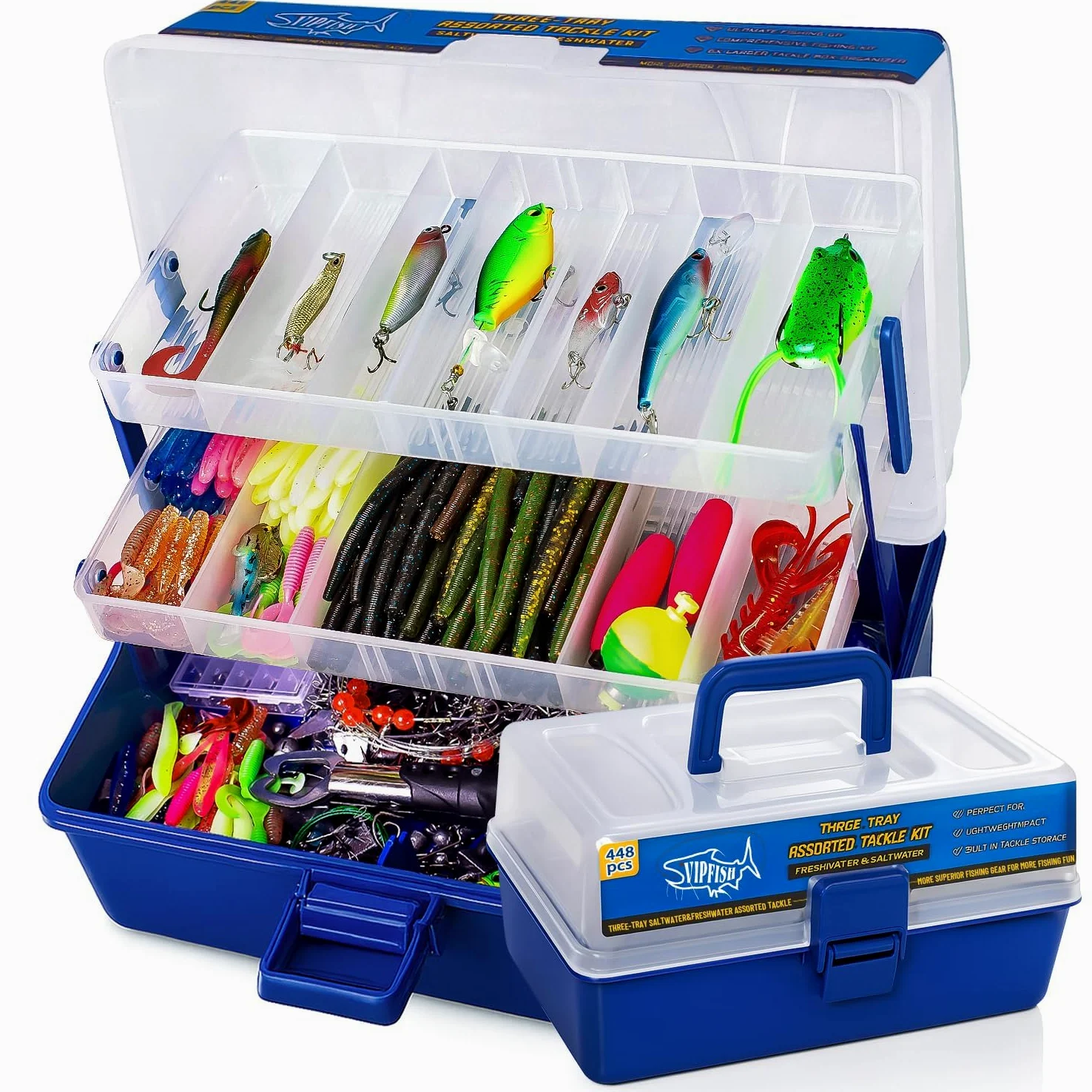 Kit completo de señuelos de pesca de 448 piezas – Juego completo de caja grande de aparejos de 3 capas con ganchos, pesas, bobbers, alicates, aparejos, líderes y accesorios para hombres, niños