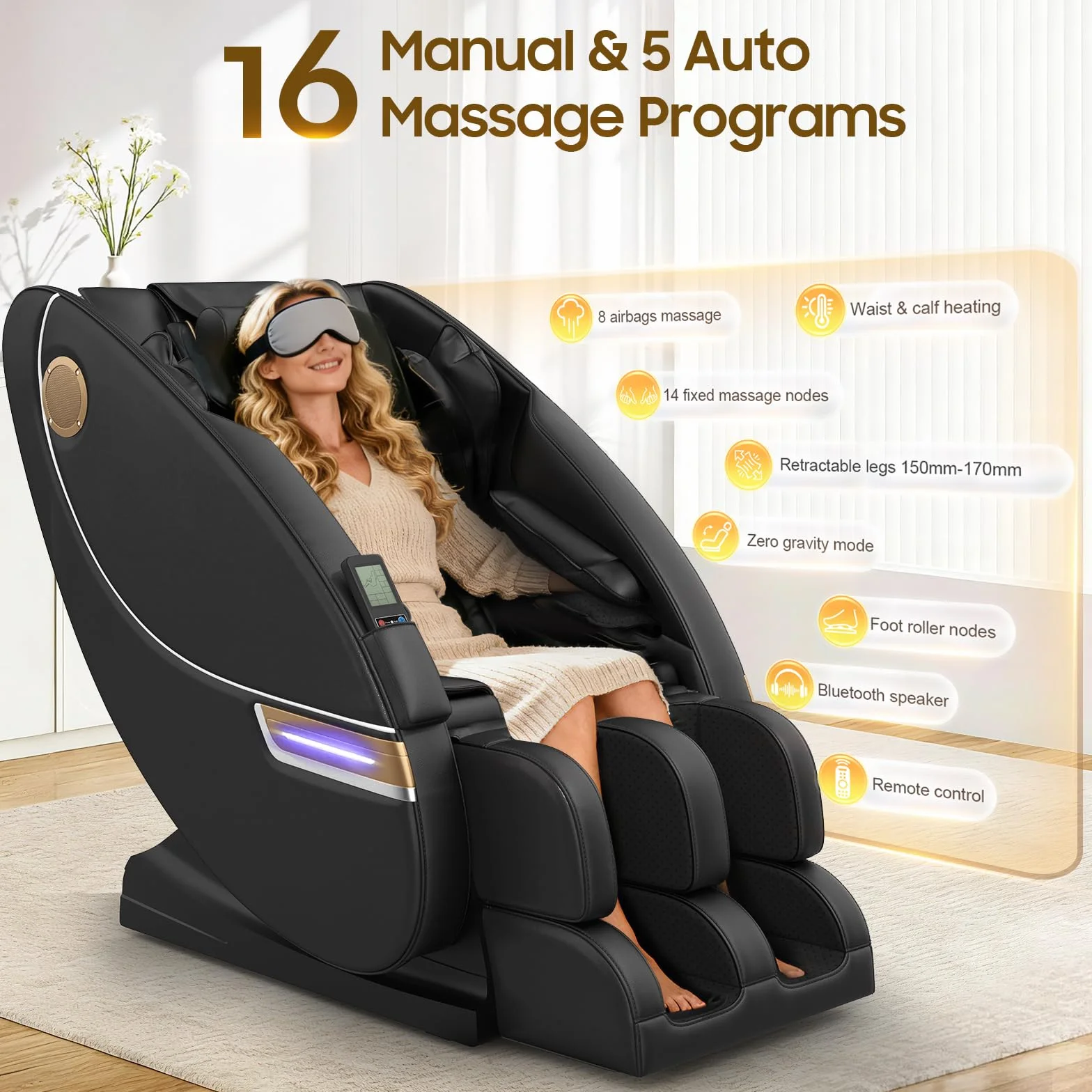 Sillón de Masaje de Cuerpo Completo Eléctrico, 14 Puntos de Masaje, 8 Airbags, Calefacción Lumbar y Piernas, Masaje Rodillos Pies, Altavoz Bluetooth