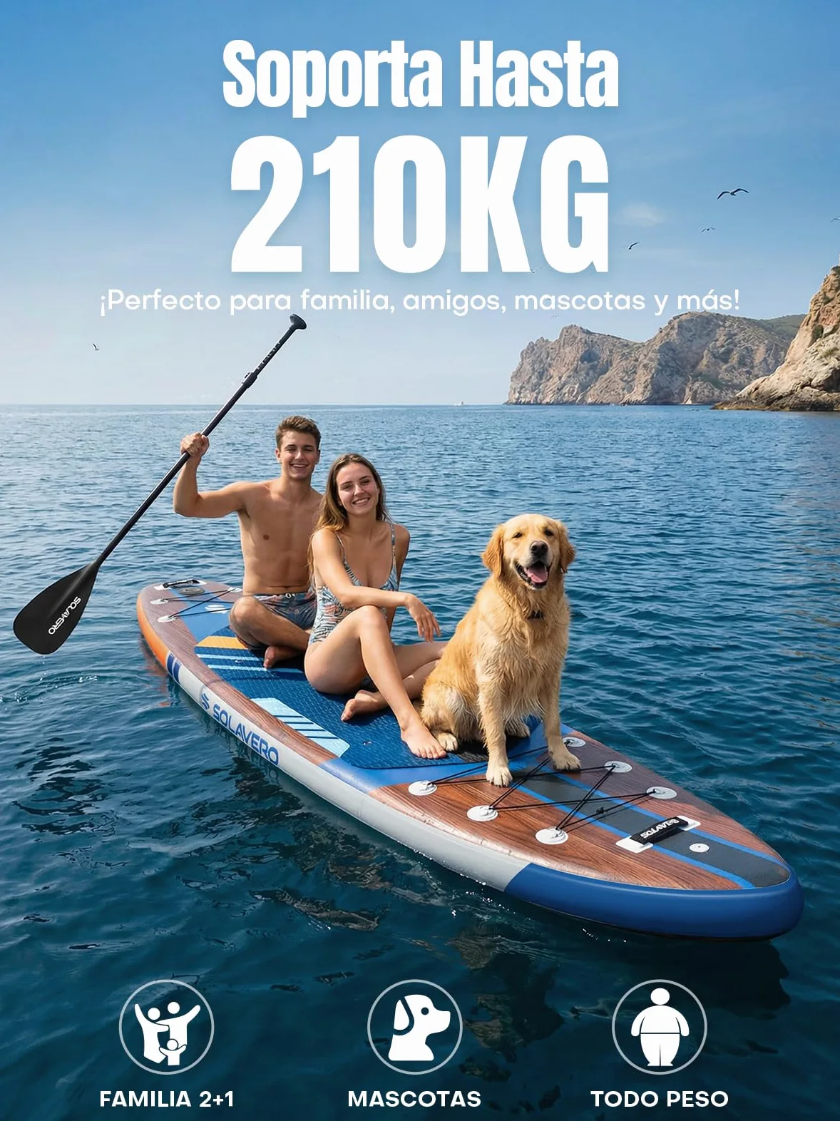 SOLAVERO Tabla Paddle Surf Hinchable 2 Personas 350 x 89 x 15 cm Sup Capacidad 210kg con Asiento Desmontable, Remo Ajustable, Bomba, Correa de Seguridad, Funda Impermeable y Mochila
