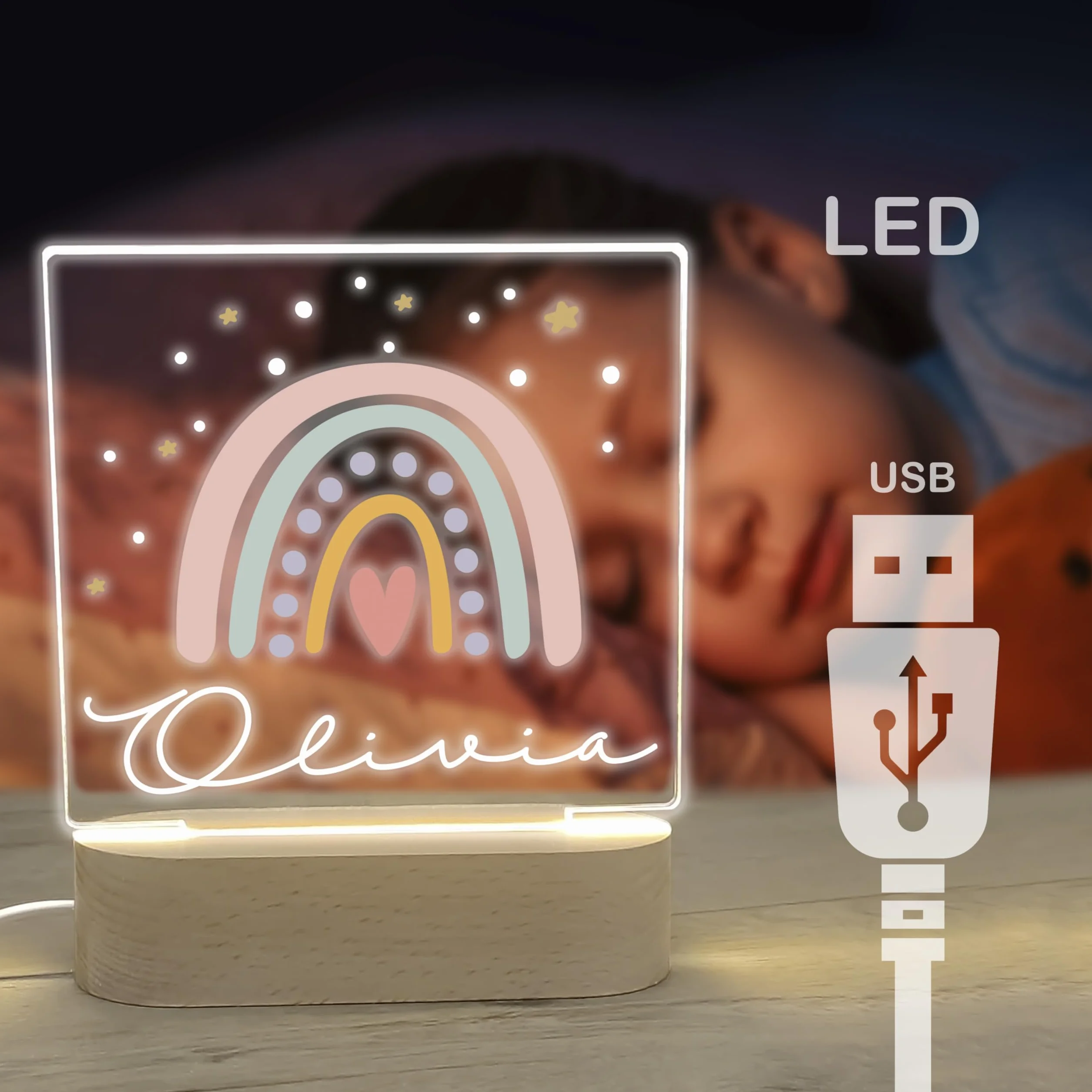 Lampara Quitamiedos Infantil Personalizada con Nombre Bebés Recien Nacidos de Metacrilato Acrilico Madera con Led Luz Nocturna Mesita Noche (Arcoiris)