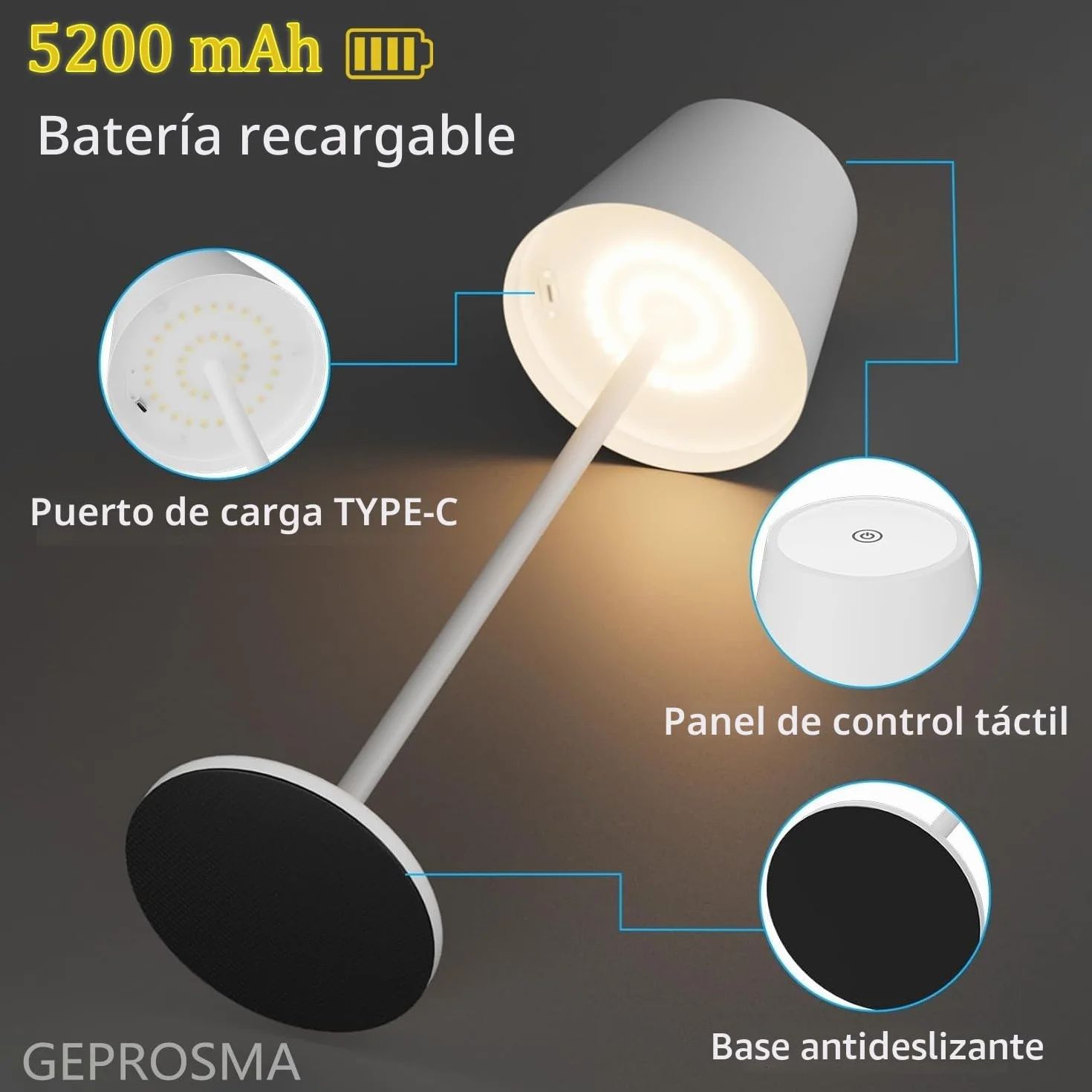 Lamparas de Mesita de Noche sin Cable 2 Piezas, 38CM Metal Lampara Inalambrica de Mesa Recargable 5200mAh IP54 USB C